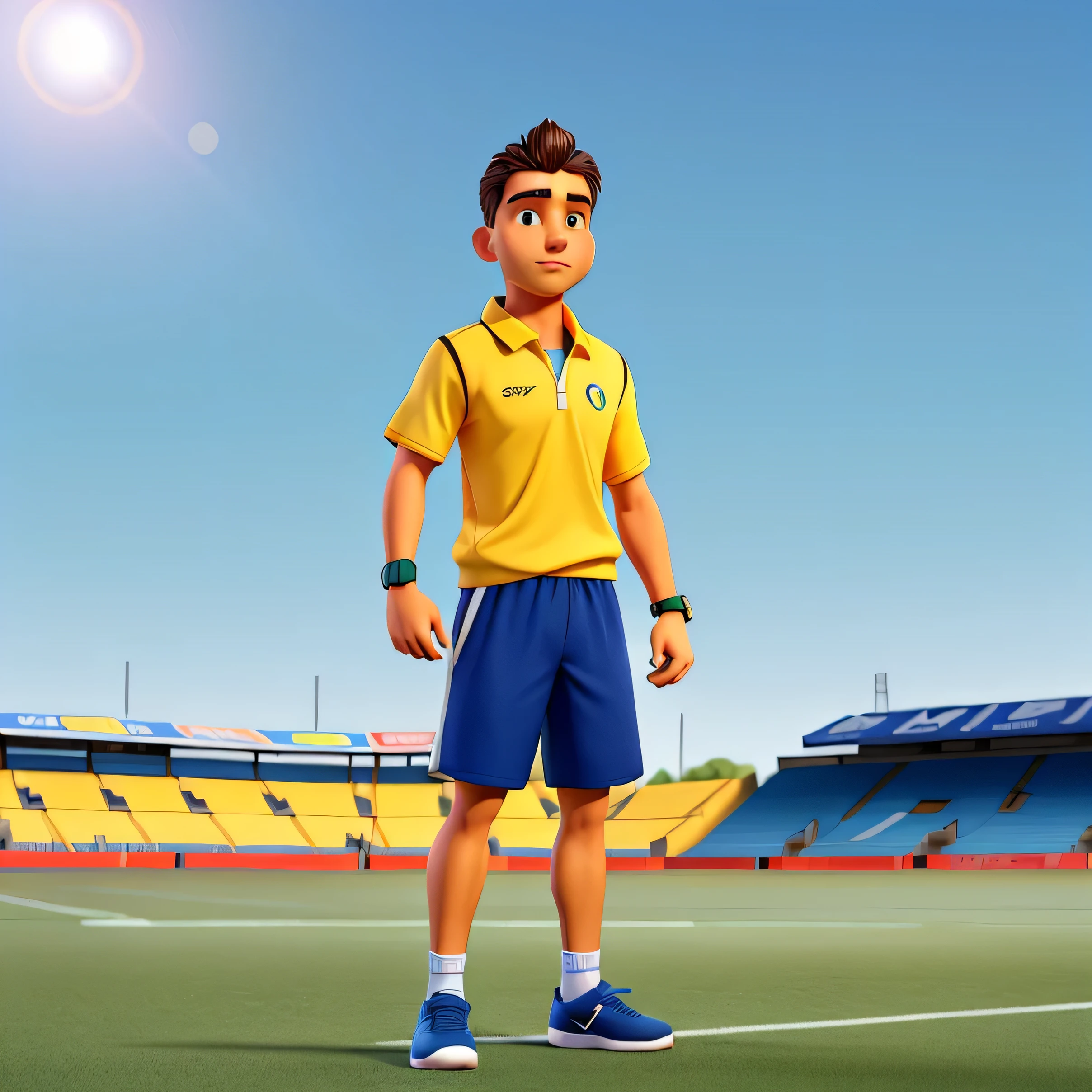 The 3D design depicts a charismatic sports coach, clad in vibrant athletic wear and brandishing a whistle, standing confidently against a backdrop of lush green grass and blue summer skies. The sun casts a warm, inviting glow over the scene, showcasing every detail of his expertly tailored attire and the gleaming sports equipment at his feet. His demeanor exudes a sense of calm and focused energy, suitable for motivating his team to victory. The crisp, clean lines and high-definition textures of the image evoke a sporty and welcoming atmosphere, ideal for inspiring athletes of all levels to reach their full potential.