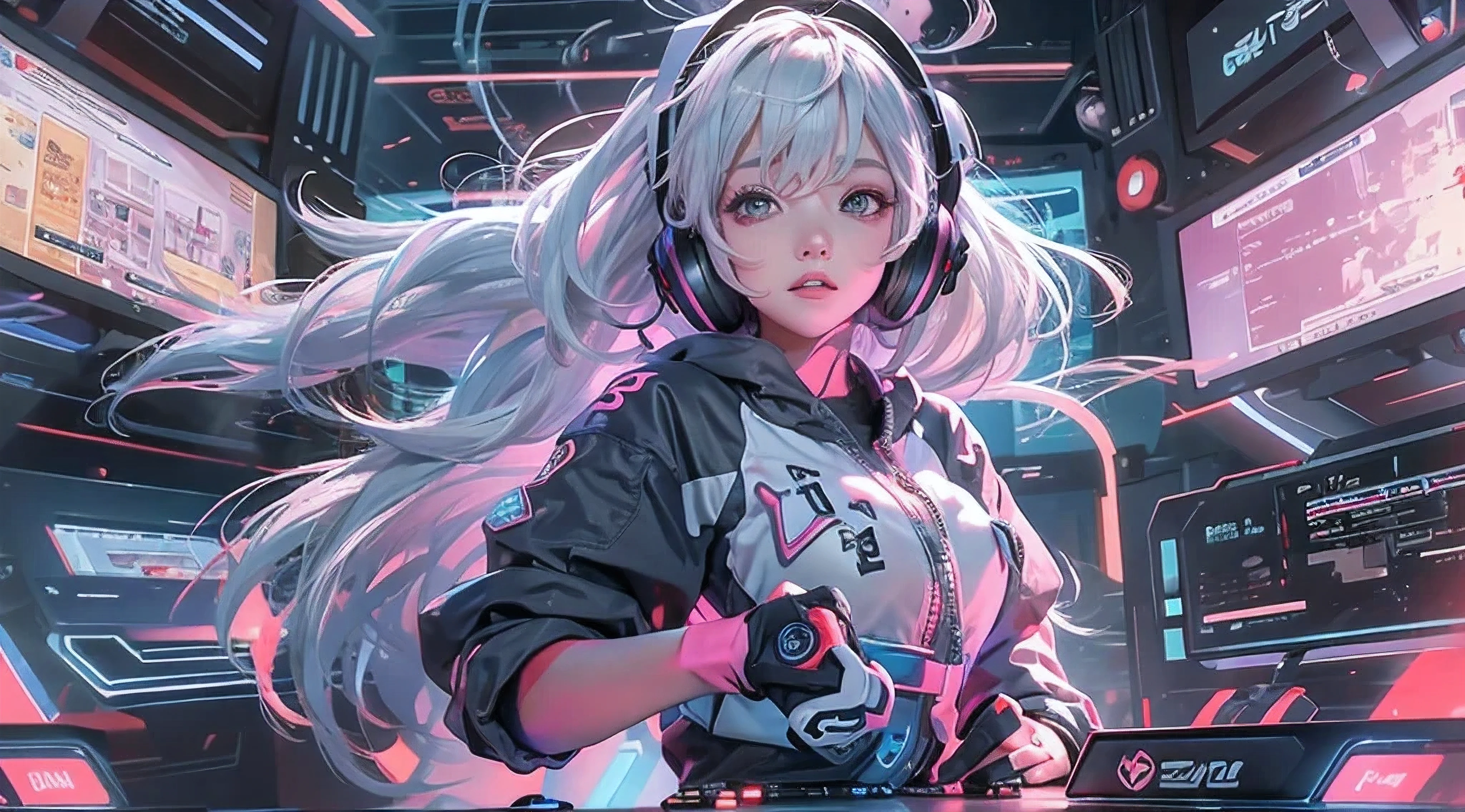 A girl with white hair, wearing a colorful outfit and cosplay costume, stands in a dynamic pose. She has a playful expression on her face as she enjoys playing video games. The girl is a gamer, immersed in her virtual world, holding a console controller in one hand and a keyboard in the other. She wears headphones, symbolizing her dedication to gaming. The scene is set in a brightly lit studio with soft lighting, enhancing the vivid colors of the girl’s outfit. The composition is creative and cartoonish, with a background scenery featuring artistic interpretation of video game elements. Glowing digital effects surround the girl, adding to the energetic and action-packed atmosphere. Electric blue accents are scattered throughout the image, giving it a mysterious and futuristic feel. Overall, the prompt aims to capture the fun, enthusiasm, and creativity associated with gaming, while showcasing the girl's passion and love for video games in an anime-style artwork.
Gamer girl grey hair sexy outfit slim body