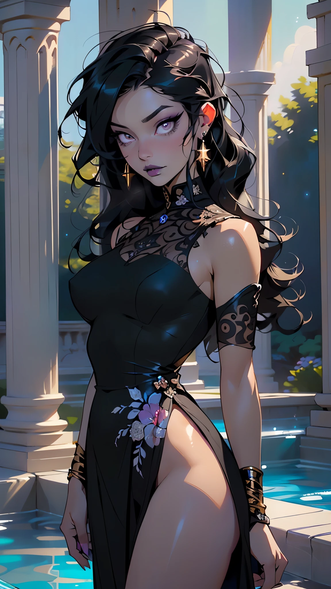 goth girl,(((1girl))),((extremely cute and beautiful black haired anime goth girl)),(((************))),

(large breasts:1.2),((((black wavy hair:1.35,absurdly long unkempt hair,messy hair,colored inner hair,ear breathing)))),((heterochromia:1.5, (purple_eye and red_eye))),intricate eyes,beautiful detailed eyes,symmetrical eyes,Big eyes:1.5,((fat)),(((lustrous skin:1.5,bright skin: 1.5,skin tanned,shiny skin,very shiny skin,shiny body,plastic glitter skin,exaggerated shiny skin,illuminated skin))),(spider lower abdomen,narrow waist,wide hip,athletic body,inflated legs,thick thighs,detailed body,(detailed face)),

cute,slutty,seductive,erotic,(nsfw),

revealing clothing,show skin,(((Black Eyeshadow,Thick Black Eyeliner,Long Dramatic Eyelashes,Black Lips,Goth Accessories,intricate makeup))),((purple bioluminescent dress)),

(dynamic pose:1.0),embarrassed,(centered,scale to fit dimensions,Rule of thirds),

((starry night background), nebula, aurora),((beautiful bath house made of greek marble and pillars, beautiful clear water in pool)),scenery:1.25,((intricate scenery)),((greek temple background)),

(Glossy greek ornaments),highres,sharp focus,(ultra detailed,extremely detailed),(photorealistic artwork:1.37),(extremely detailed CG unity 8k wallpaper),(((vibrant colors,vibrant theme))),(intricate),(masterpiece),(best quality),artistic photography,(photography taken by sldr),(intricate background),perfect rendered face,perfect face details,realistic face,photo realistic,((intricate detail)),(((realism))),
