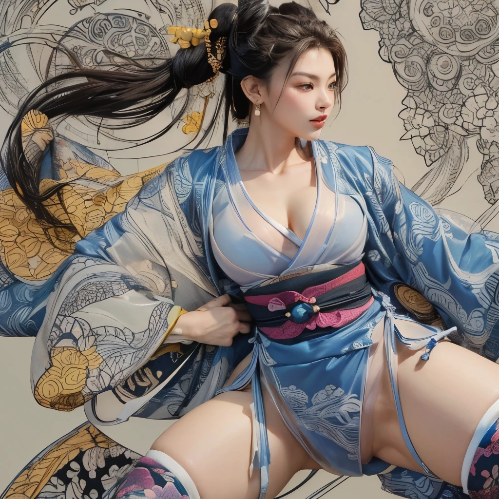 (masterpiece, top quality, best quality, official art, beauty:1.2),（The most detailed and clear facial features：2.0，Face profile：1.0） (1 Japanese Chunli:1.5), Very detailed,(Ukiyo-e艺术:1.1),(Ukiyo-e，rich and colorful:1.1)(flowers:1.3),most detailed,(Zentangle:1.2), (dynamic poses，Showing thighs:2.0), (Blue sky and white clouds moon background:1.3), (Japanese kimono:1.2，Kimono transparent:1.5), (spread legs，Create glowing skin，Camel toe pubis：1.2), (Many colors:1.4), ,(earrings:1.4),