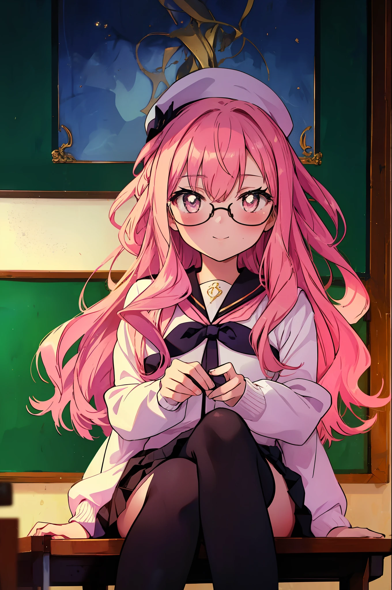 {{masterpiece}},{{highest quality}},{{High resolution}},{{caustics}},{{be familiar with}},blush,
 smile,Louise Françoise Le Blanc de La Vallière,Akabuchi glasses pink hair,pink eyes, black sailor suit,Pink cardigan,black pleated skirt,white stockings,brown loafers,classroom,sitting in a chair,break (masterpiece:1.2), highest quality, High resolution, unity 8k wallpaper, (figure:0.8), (detailed and beautiful eyes:1.6), highly detailed face, perfect lighting, Very detailed CG, (perfect hands, perfect anatomy),