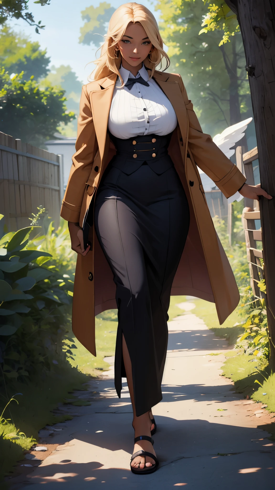 masterpiece, ultra quality, Beautiful detailed, extremely detailed,16K, exquisite, absurdity, highres, Beautiful background, Beautiful eye, Beautiful skin, muscle girl, dark skinned woman, big breasts, wing, Happy,, coat jacket, pants, portrait, One character, full body, walk, long dress, Medieval, village, farm, Angel Halo, forest,flip flops,blonde,, leopard cloth, coat, butler, victorian cloth