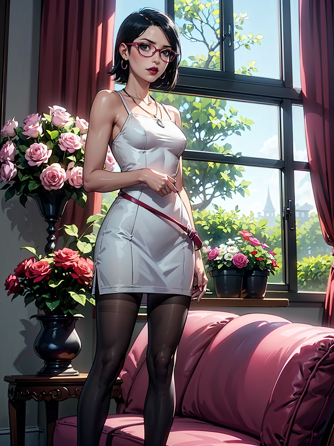 (1girl, solo, alone), (WakatsukiRisa, Sarada Uchiha, black hair, short hair, black eyes, red glasses), ((solo, (1woman, pink lipstick, (small breasts)), Extremely detailed, ambient soft lighting, 4k, perfect eyes, a perfect face, perfect lighting, a 1girl)), austere, (1woman, solo, alone, woman, pink lipstick, wrist watch, wedding ring, hoop earrings, pendant necklace, ((white dress, ((sheath derss)), short dress), light green belt, black tights),(arrogant), majestic posture, majestic weight), ((solo, (1woman, pink lipstick, seen from the front), Extremely detailed, ambient soft lighting, 4k, perfect eyes, a perfect face, perfect lighting, a 1girl)), ((standing, living room, decorated room, large window, flower garden, tree-lined garden))