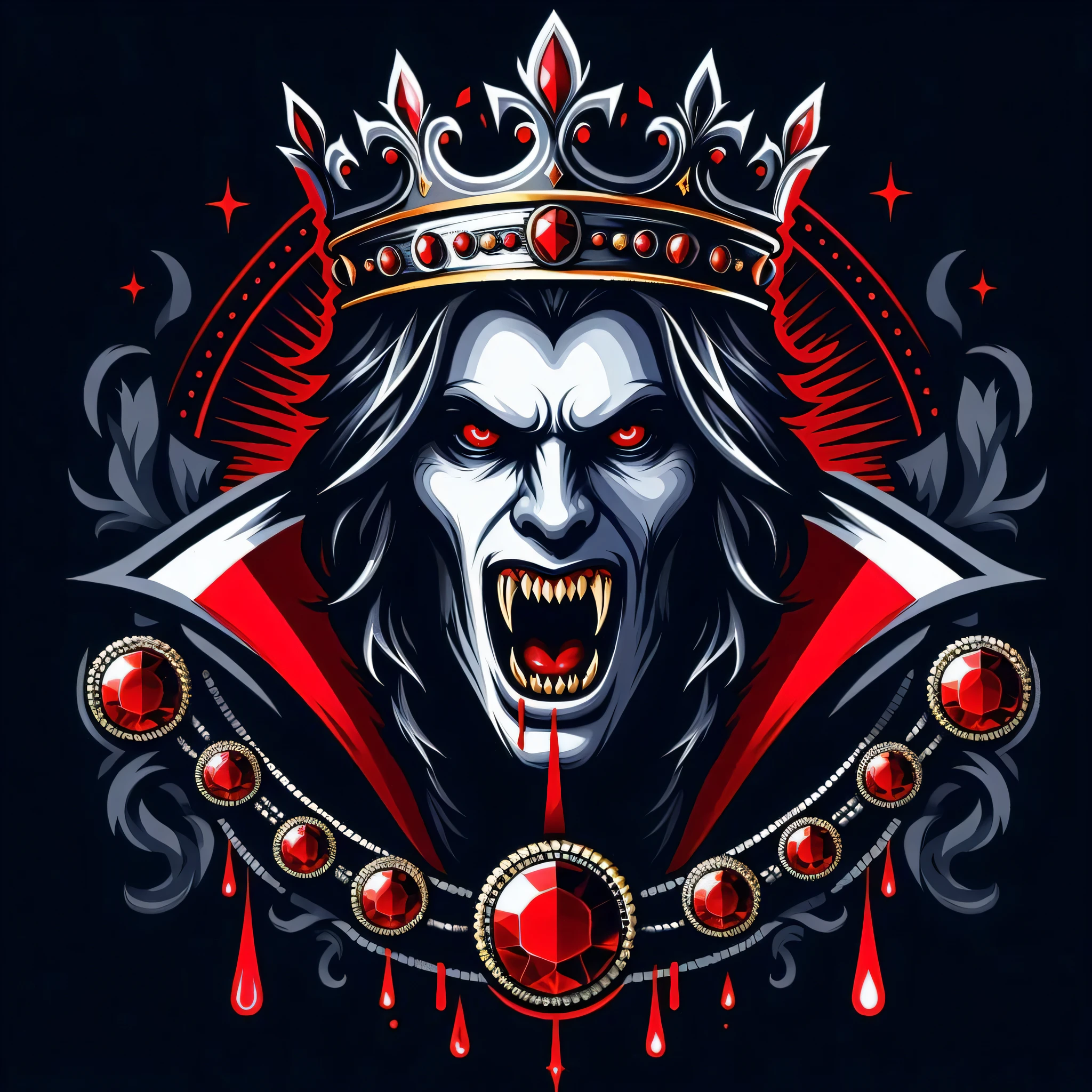 a close up of a Vampiro with a crown on his head, Rey del infierno, el rey de la muerte, beautiful Vampiro female queen, the Rey del infierno, Vampiros fantasy, Vampiro, Crown Prince of Red Gears, Vampiro queen, rostro regio y amenazador, beautiful Vampiro queen, male Vampiro of clan banu haqim, scary Vampiro, Heavy metal t-shirt design