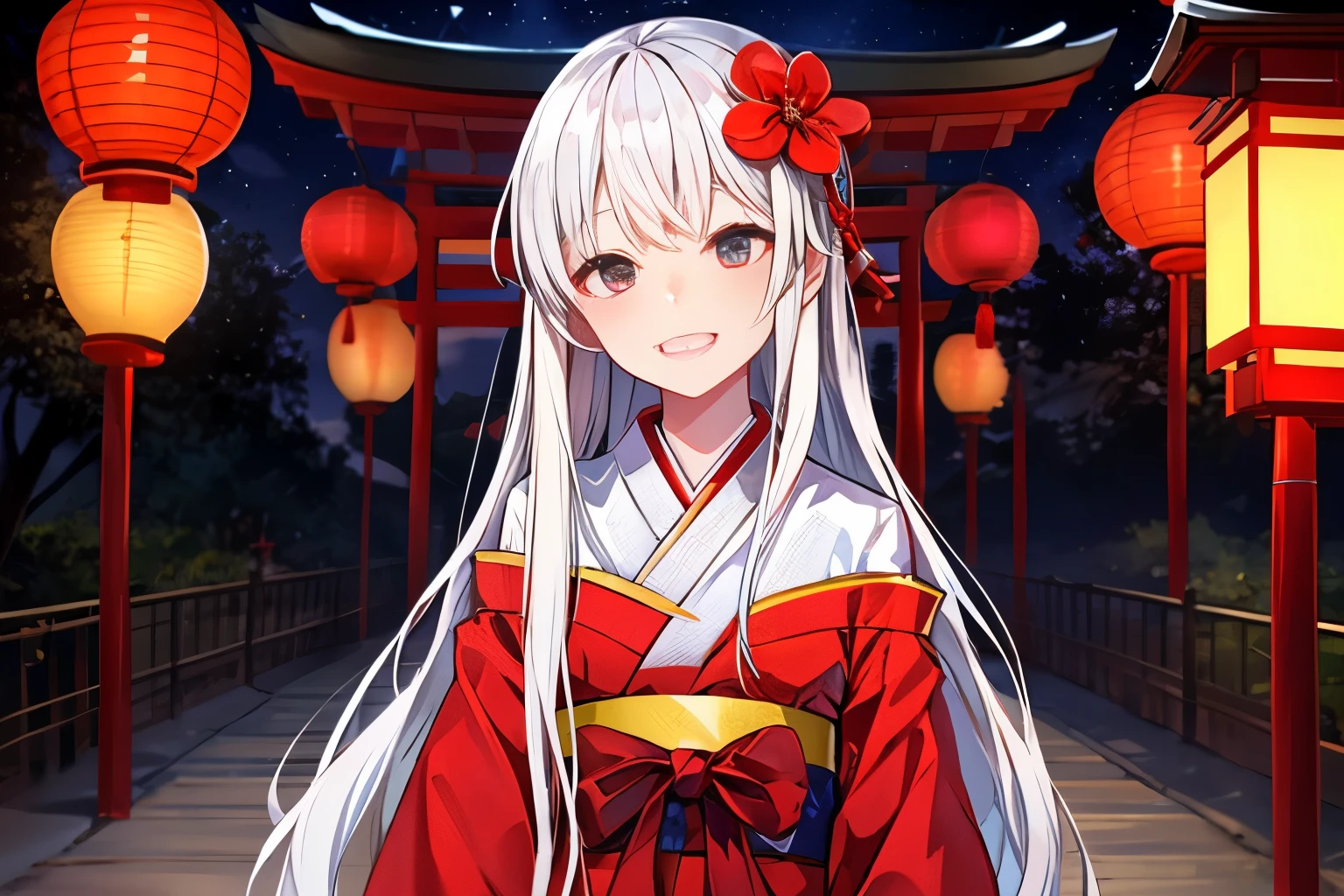 white hair girl、long white hair、Many hair ornaments、Wearing a loose-fitting red kimono、red obi、front、Horizontal position、Precincts of a shrine in the forest、It&#39;s night but the bright red sky、Many red lanterns