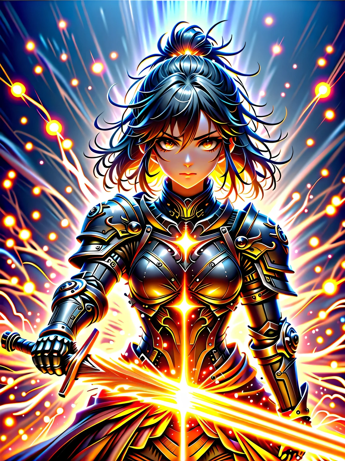 premium quality、masterpiece、highest quality、Super details、Super details、ultra high definition、perfect anatomy、blurred background、outdoor、Cherry blossoms、mist road、studio lighting、bright future、for the audience、Pink and black armor、girl、holding sword、sword equipped with ral-elctryzt、ponytail、glow、shine、eye-catching、Hong Kong style，portrait，medium shot