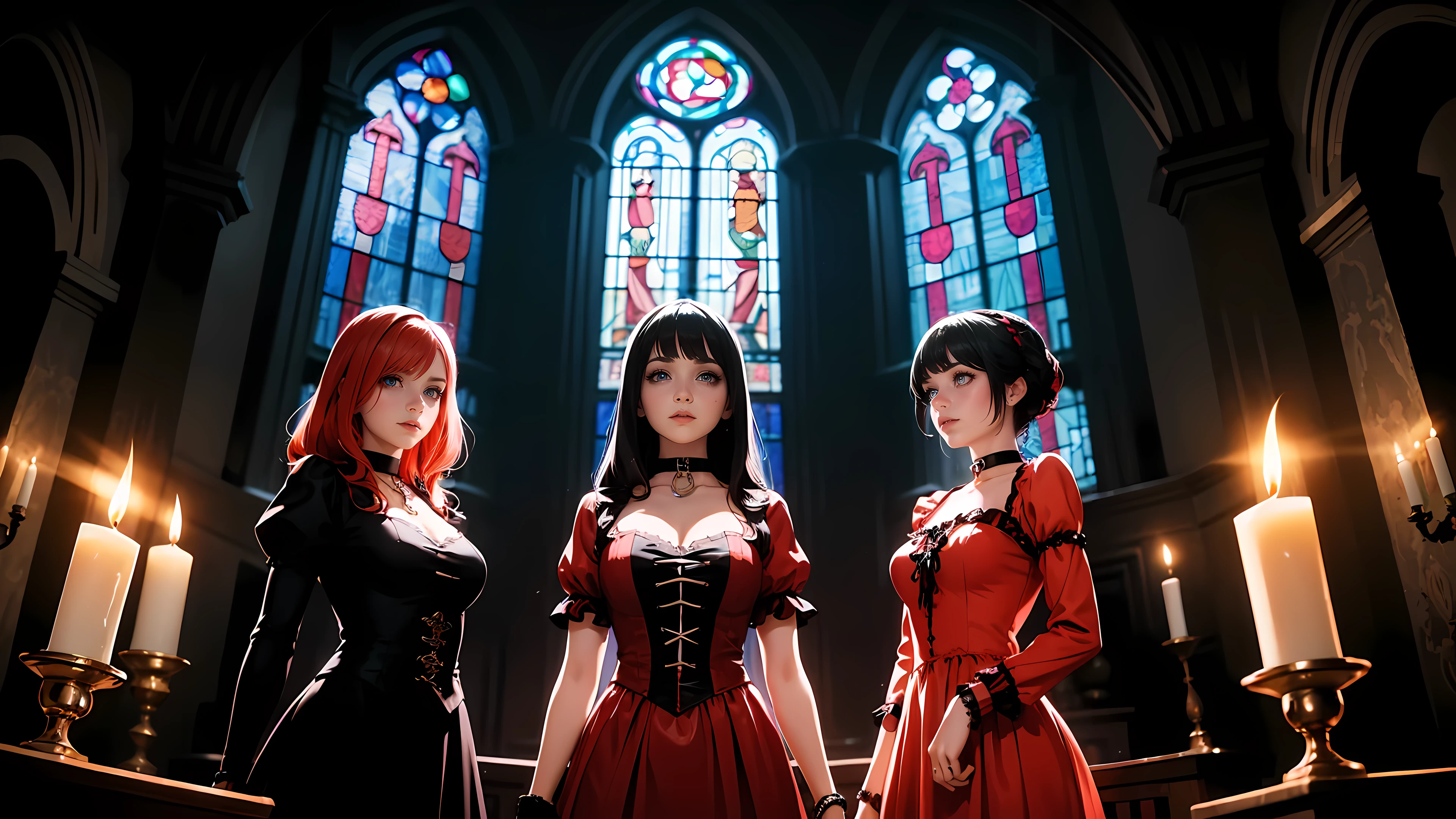 Three beautiful 30 year old women, witches, detailed beautiful hair, detailed beautiful eyes, small breasts, red hair, black hair, white hair, choker collar, bracelets, red dresses, standing, gothic mansion, Victorian mansion, dungeon, gothic stained glass window, candles, candlelight, dramatic lighting, cinematic lighting,