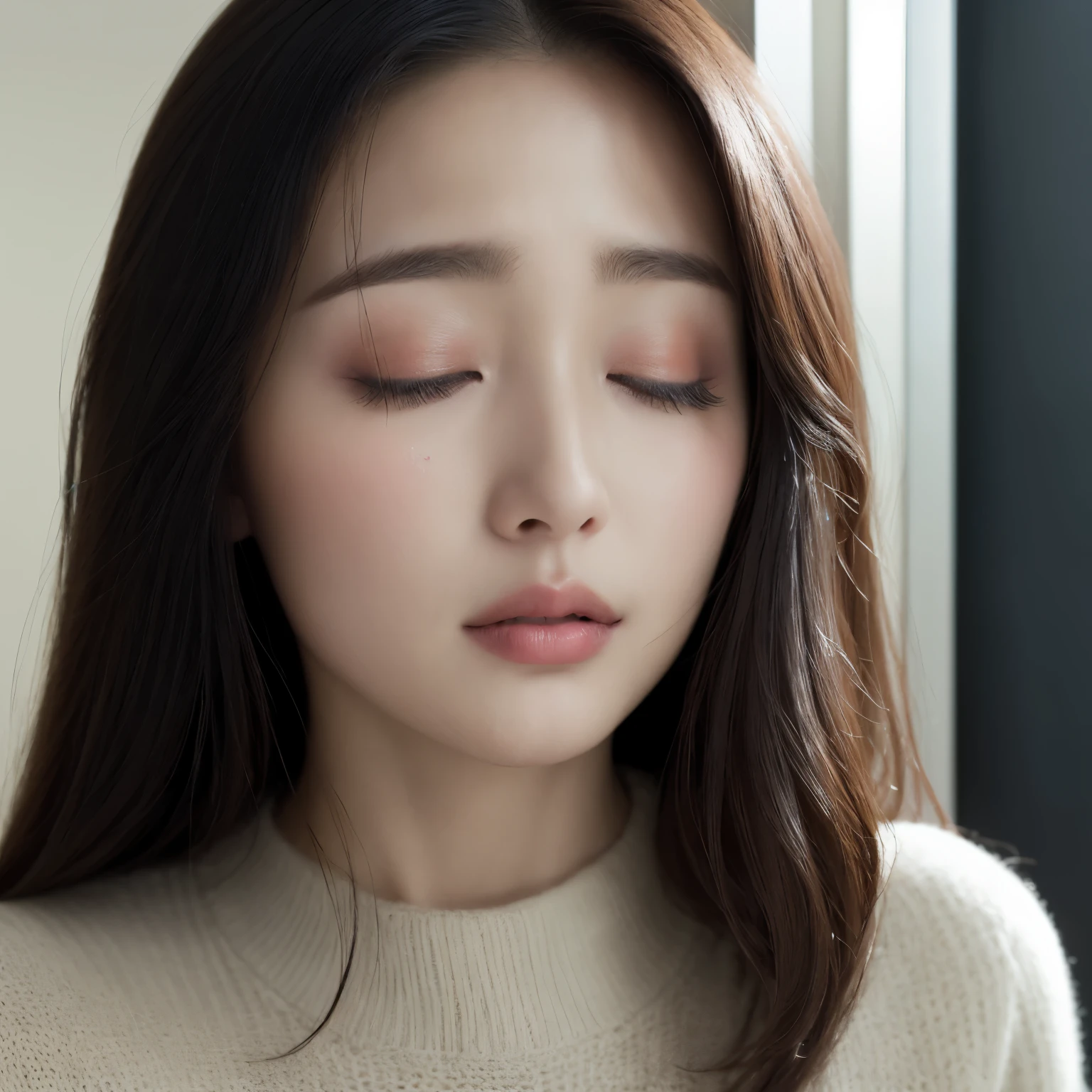 (highest quality、table top、8K、best image quality、Award-winning work)、(close up of face:1.5)、Perfect knitted sweater with V-neck、elegant long hair、(Standing with the front door of a luxury apartment open:1.2)、(blurred background:1.1)、the most moody and romantic、beautiful shiny lipstick、perfect makeup、Ultra high definition beautiful face、ultra high definition hair、(Super high resolution glossy skin:1.1)、(blurred background:1.1)、(Super high resolution glossy and most beautiful lips:1.2)、(face facing forward:1.5)、(body facing forward:1.5)、(troubled eyebrows:1.1)、(eyes completely closed:1.2)、beautiful closed eyelids