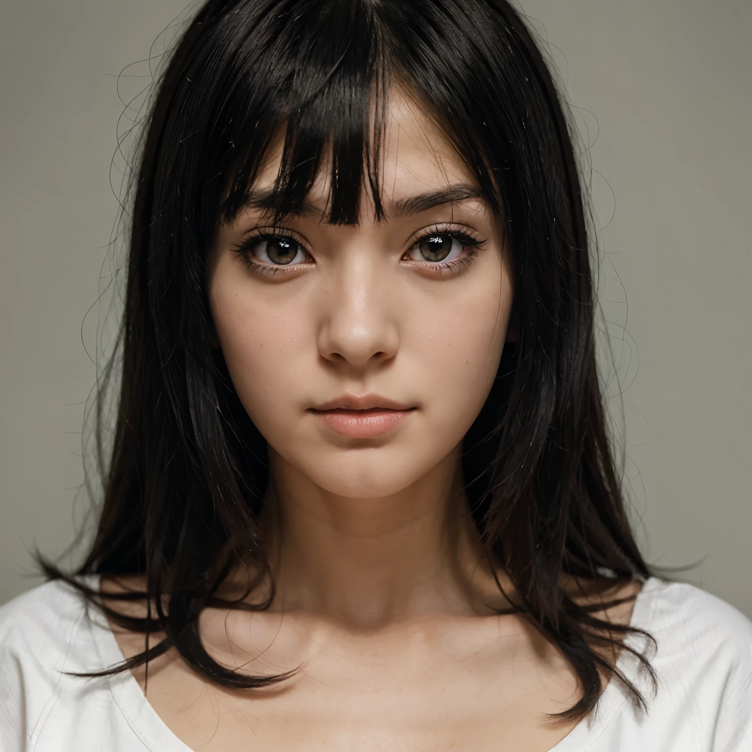 Anime girl with black hair and straight staring at the viewer with a separate bangs