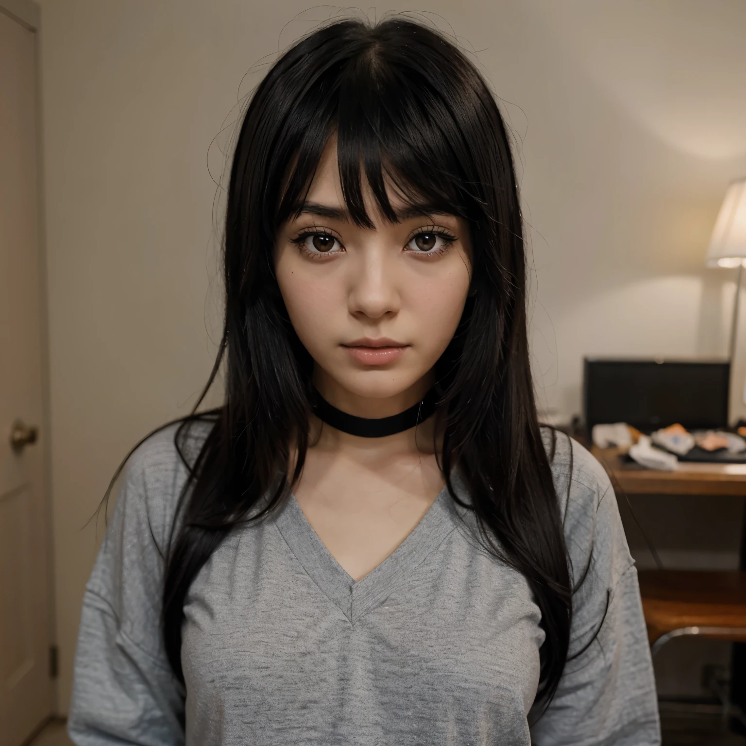Anime girl with black hair and straight staring at the viewer with a separate bangs 