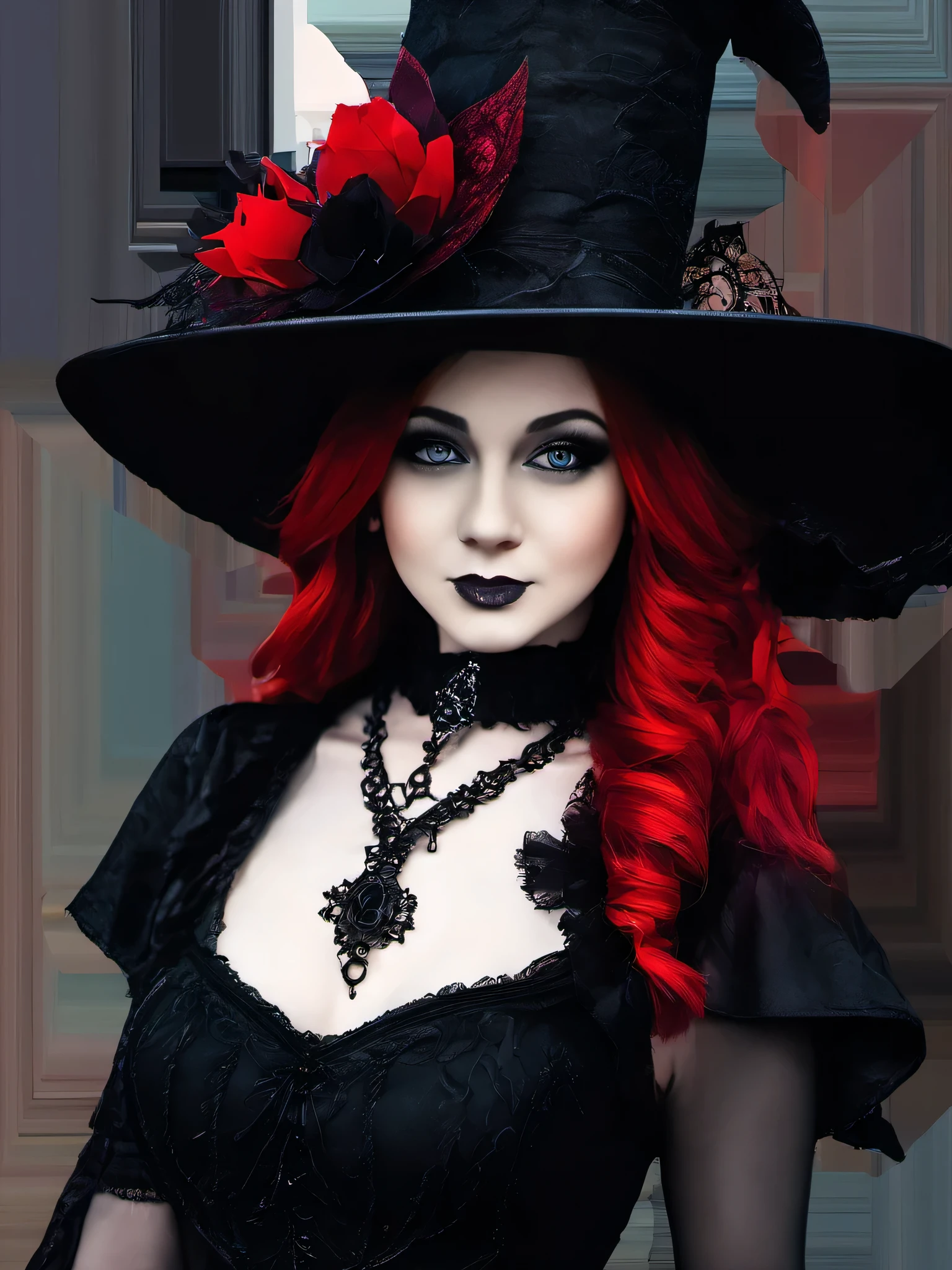 (masterpiece, best quality:1.2), 1girl, solo, Shana in a black dress, short skirt, black lace top, very sexy, hat with a red hat, a photo inspired by Chica Macnab, tumblr, gothic art, gothic outfit, fashionable dark witch, witchcore clothes, gothic!!, goth chic, fantasy outfit, gothic girl, gothic regal, imvu, gothic maiden, in a halloween style, gothic regal and tattered black, gothic dress, short skirt, black lace top, very sexy