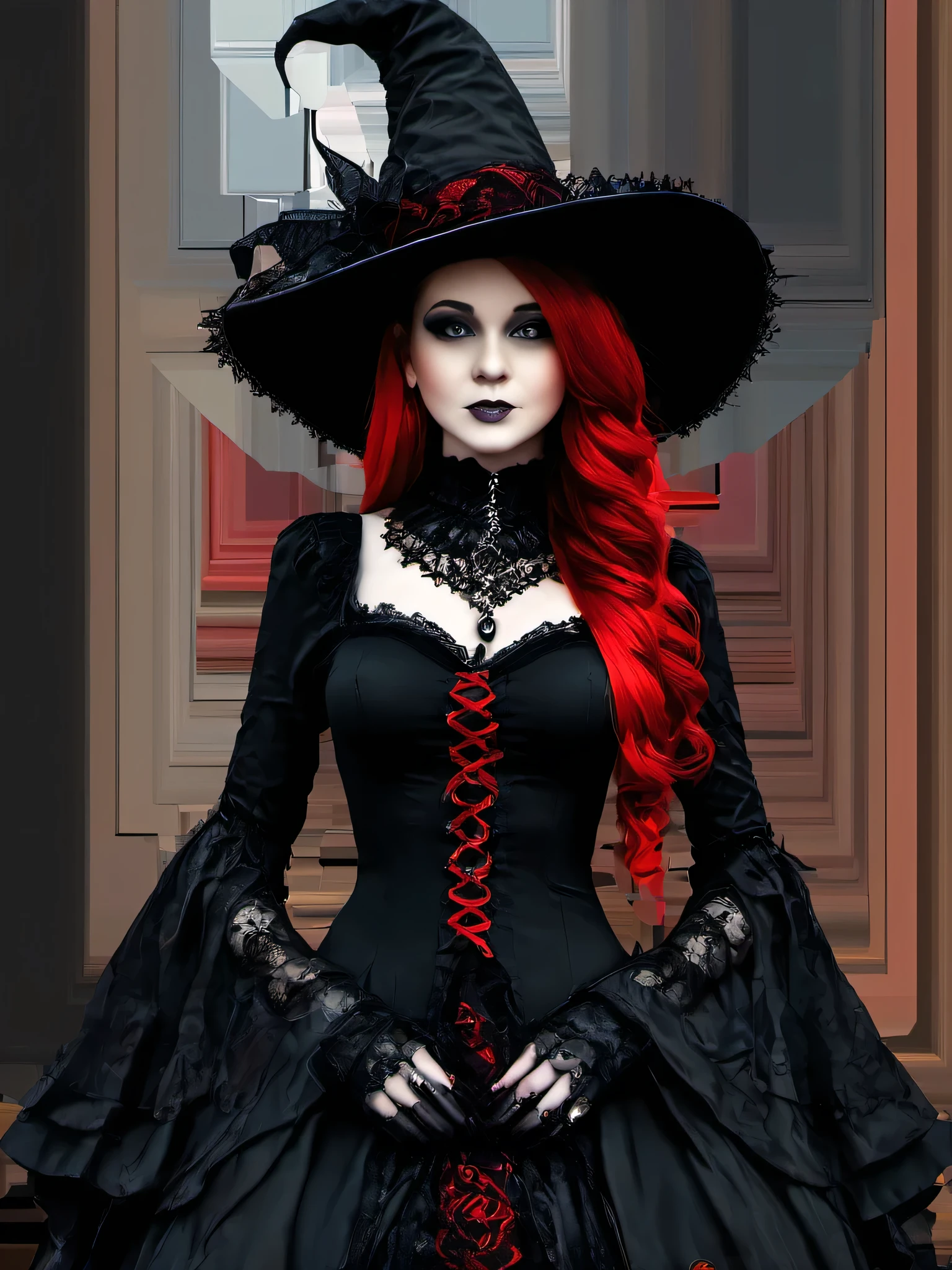 (masterpiece, best quality:1.2), 1girl, solo, Shana in a black dress, short skirt, black lace top, very sexy, hat with a red hat, a photo inspired by Chica Macnab, tumblr, gothic art, gothic outfit, fashionable dark witch, witchcore clothes, gothic!!, goth chic, fantasy outfit, gothic girl, gothic regal, imvu, gothic maiden, in a halloween style, gothic regal and tattered black, gothic dress, short skirt, black lace top, very sexy