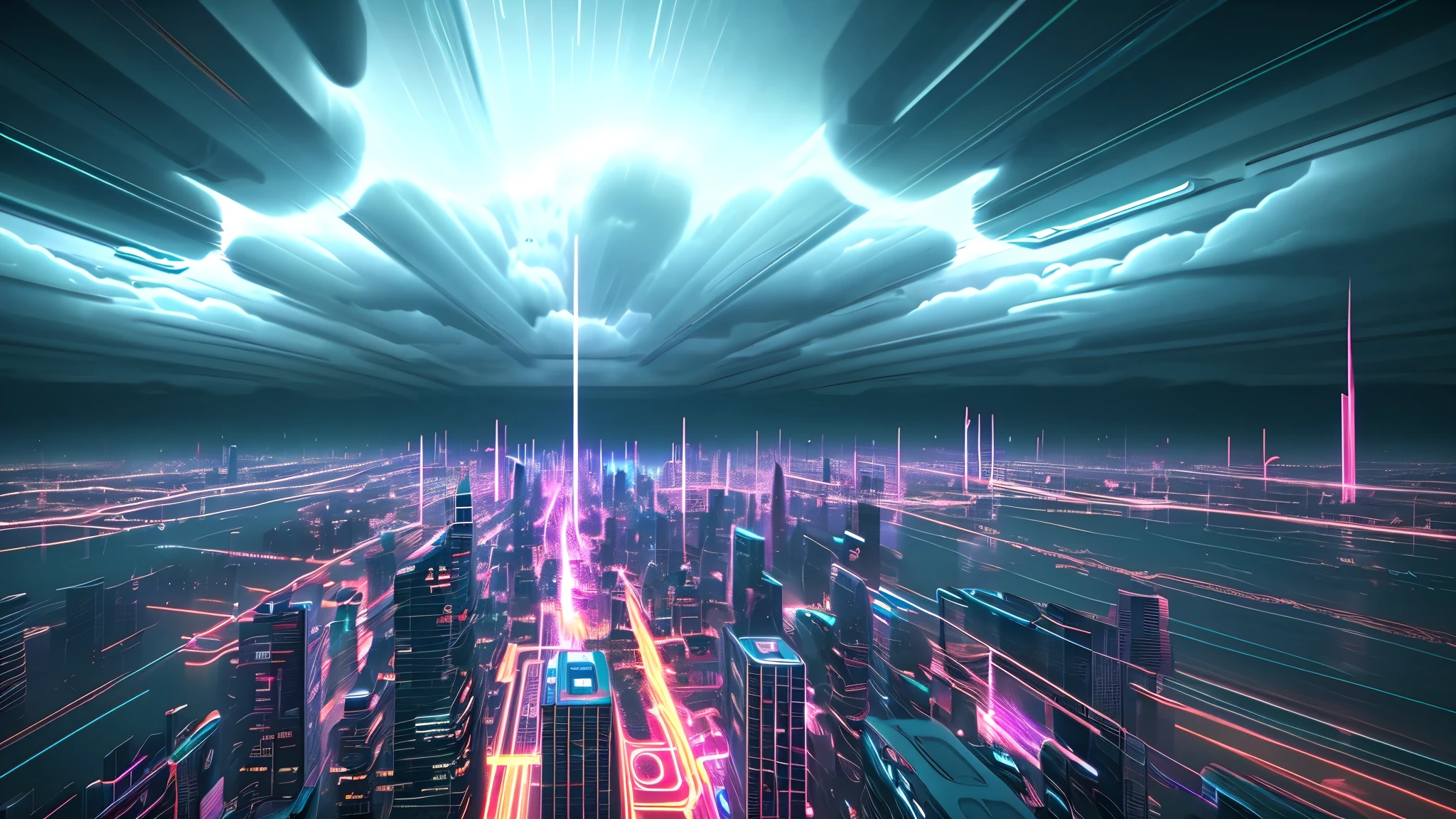 neon floating city, surrounded by clouds, Surrealism, Constructivism, Abstraction, depth of field, motion blur, Chromatic aberration abuse, masterpiece, high detail, Award-winning, 8K