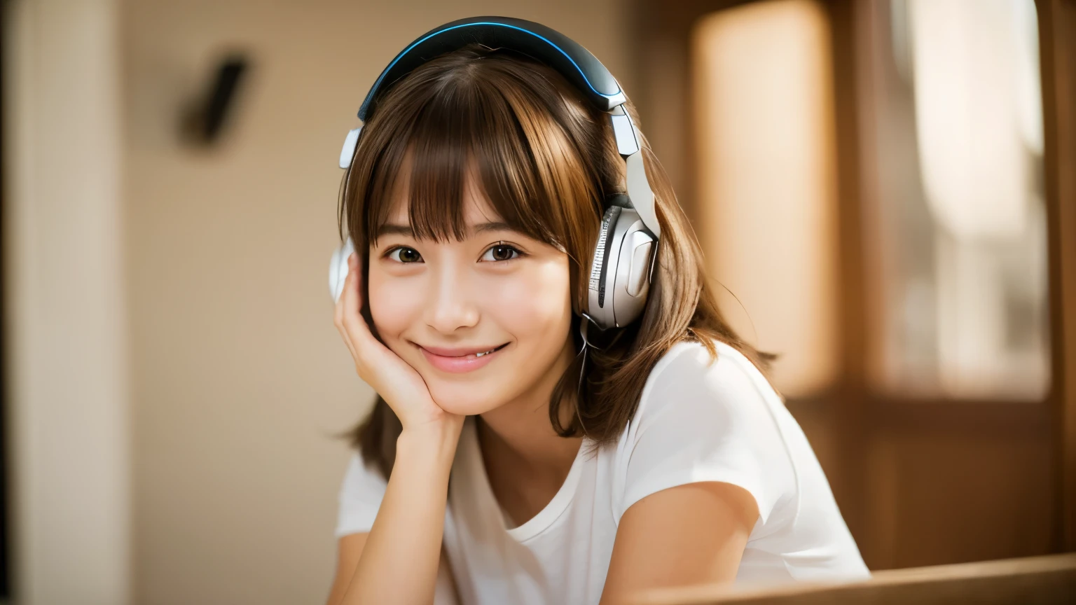 (masterpiece:1.3), (8K, realistic, RAW photo, highest quality: 1.4), soft light, professional lighting, 1 girl, , cute, pure beauty, closed mouth, smile, brown short hair, bangs, wearing headphones