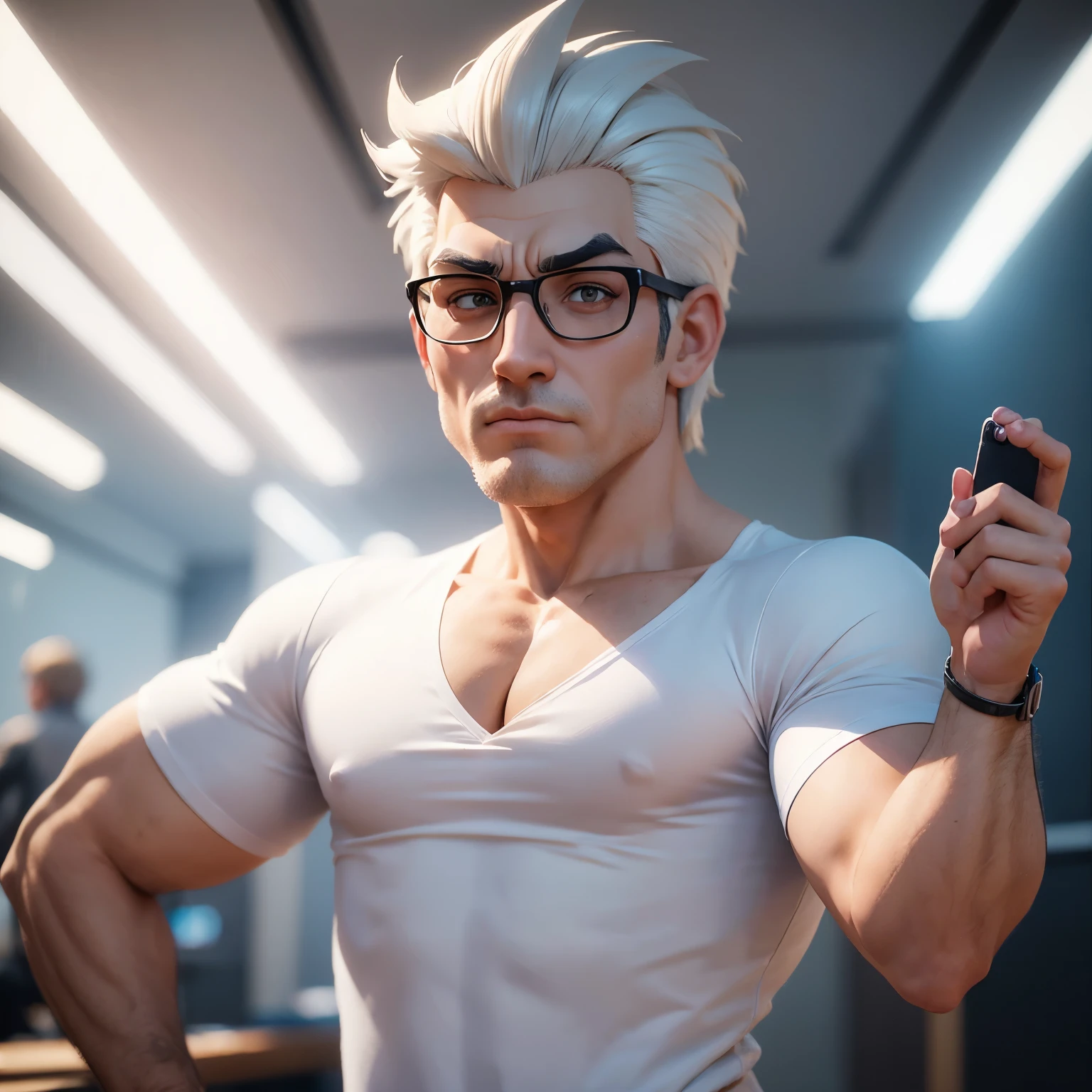 Cartoon character of a man in a white shirt, um personagem animado, personagem estilizado, animation style rendering, estilizado 3d, Arnold Maya rendering, Stylized 3D rendering, toon render screenshot, Personagem 3D, personagem 3d, Stylized 3D rendering, personagem 3d render, Personagem de desenho animado, personagem de perto, personagem posando, (Estilo Pixar) (obra de arte:1.2) (Bokeh) (Melhor qualidade) (pele detalhada) (textura detalhada) (8k) (argila) (cinematic lighting) (sharp focus,Senta e vaza a parte superior do corpo