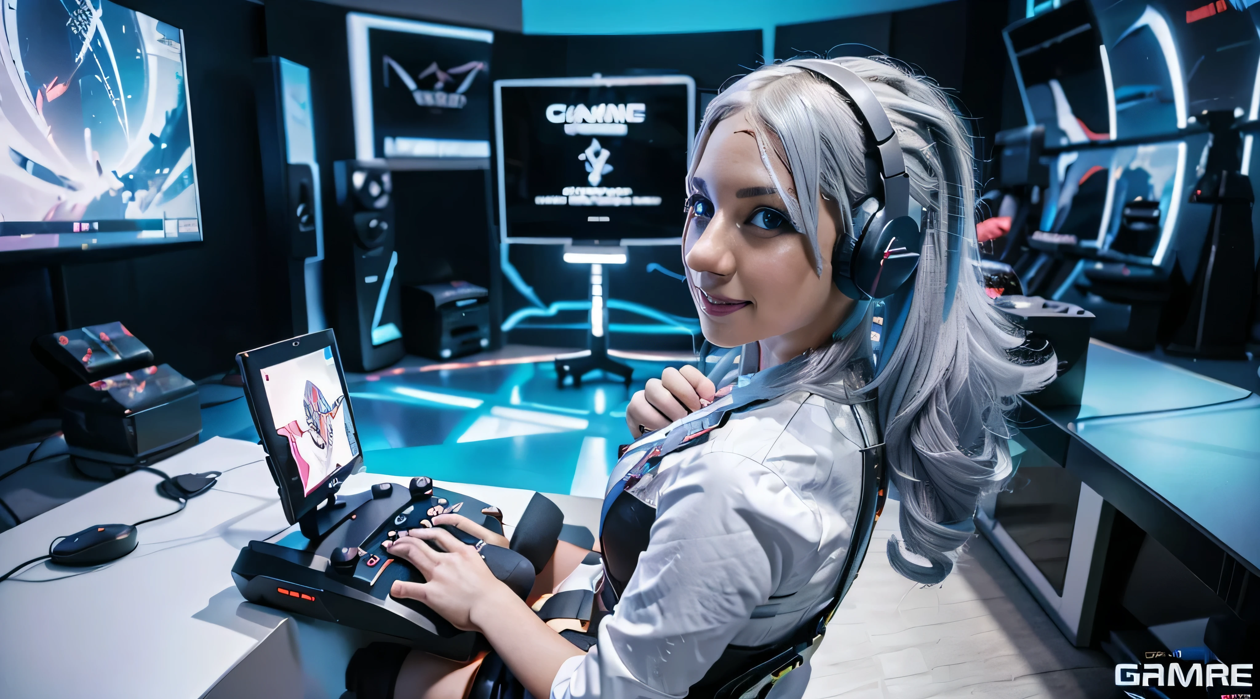 A girl with white hair, wearing a colorful outfit and cosplay costume, stands in a dynamic pose. She has a playful expression on her face as she enjoys playing video games. The girl is a gamer, immersed in her virtual world, holding a console controller in one hand and a keyboard in the other. She wears headphones, symbolizing her dedication to gaming. The scene is set in a brightly lit studio with soft lighting, enhancing the vivid colors of the girl’s outfit. The composition is creative and cartoonish, with a background scenery featuring artistic interpretation of video game elements. Glowing digital effects surround the girl, adding to the energetic and action-packed atmosphere. Electric blue accents are scattered throughout the image, giving it a mysterious and futuristic feel. Overall, the prompt aims to capture the fun, enthusiasm, and creativity associated with gaming, while showcasing the girl's passion and love for video games in an anime-style artwork.
Gamer girl grey hair sexy outfit slim body