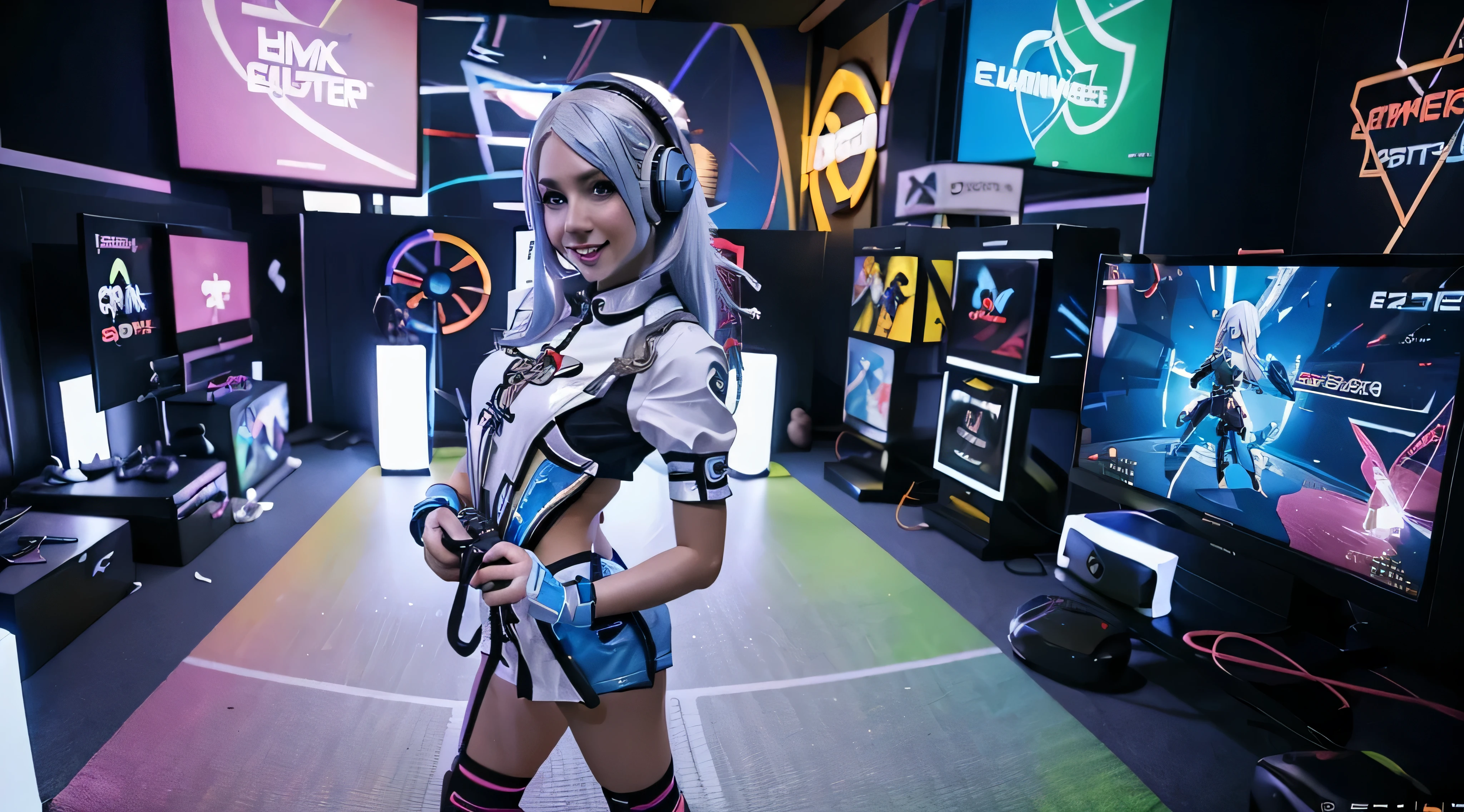 A girl with white hair, wearing a colorful outfit and cosplay costume, stands in a dynamic pose. She has a playful expression on her face as she enjoys playing video games. The girl is a gamer, immersed in her virtual world, holding a console controller in one hand and a keyboard in the other. She wears headphones, symbolizing her dedication to gaming. The scene is set in a brightly lit studio with soft lighting, enhancing the vivid colors of the girl’s outfit. The composition is creative and cartoonish, with a background scenery featuring artistic interpretation of video game elements. Glowing digital effects surround the girl, adding to the energetic and action-packed atmosphere. Electric blue accents are scattered throughout the image, giving it a mysterious and futuristic feel. Overall, the prompt aims to capture the fun, enthusiasm, and creativity associated with gaming, while showcasing the girl's passion and love for video games in an anime-style artwork.
Gamer girl grey hair sexy outfit slim body