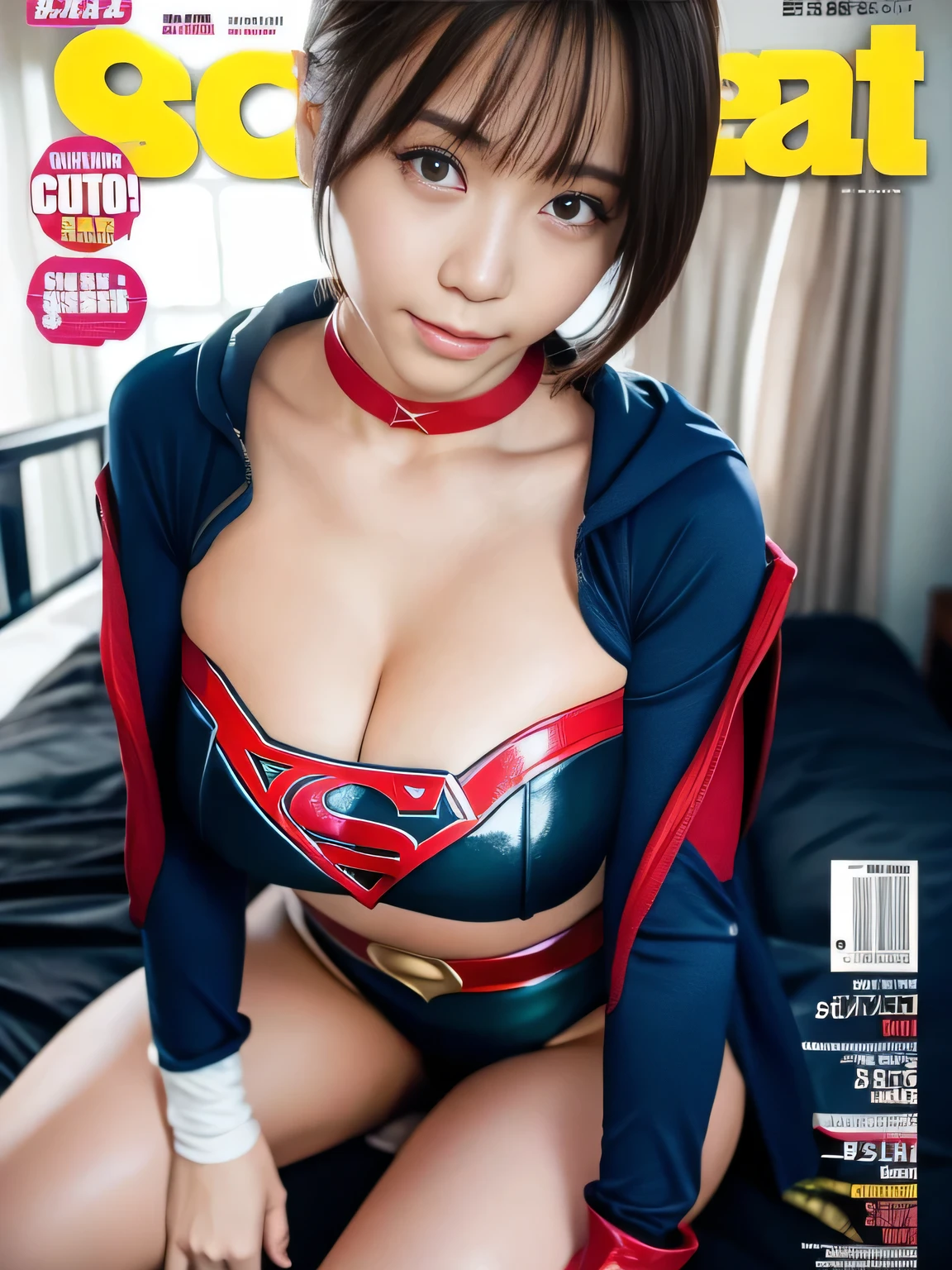 masterpiece、supergirl costume、short hair、barefoot、big and full breasts、public health center、After masturbating on the bed、sexy pose、model body shape、shiny、looking at camera、Seduce、choker、long sleeve、red mini skirt、Weekly magazine cover、gravure magazine、sweaty、Exciting、