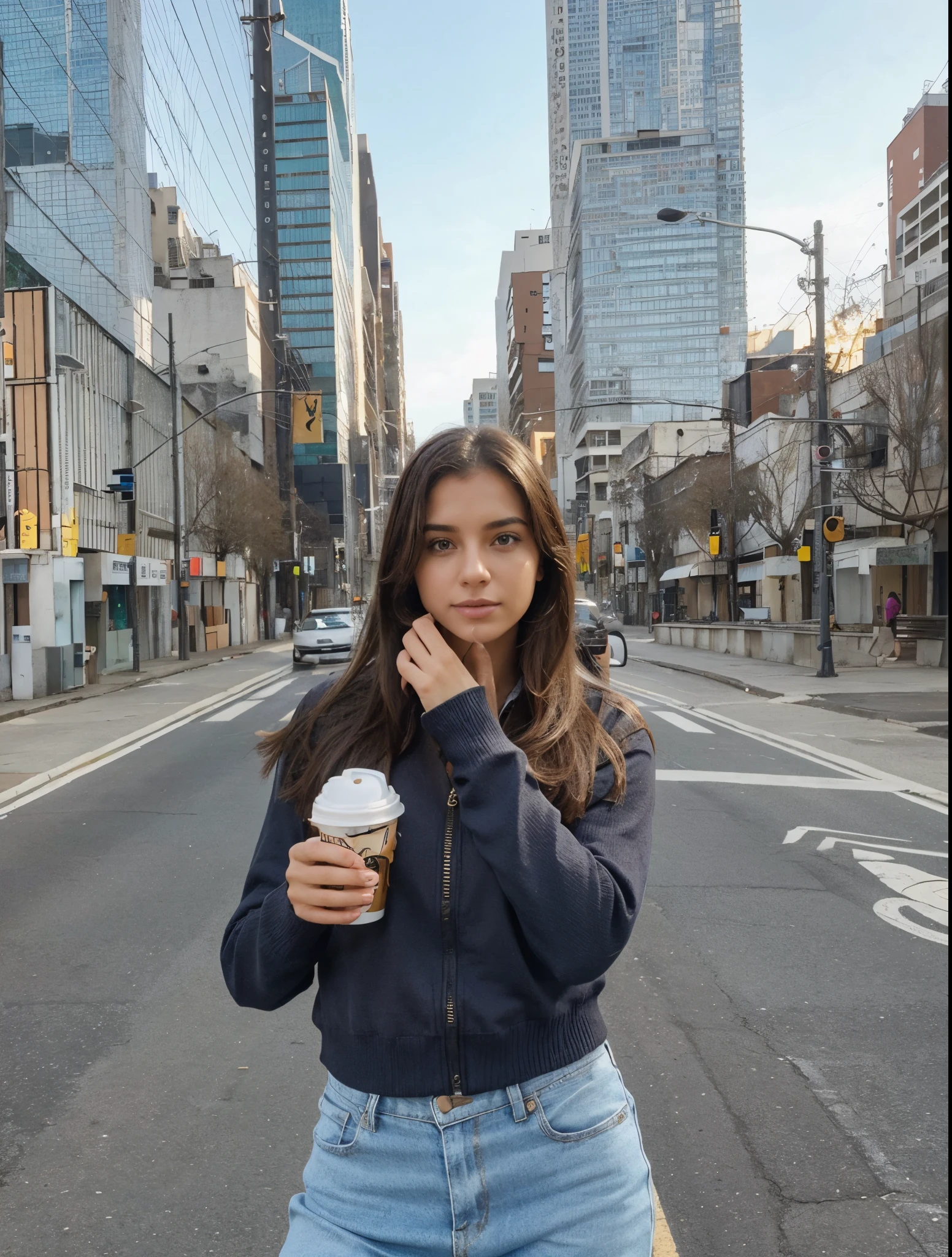 Strike Larissa in this same pose wearing an identical outfit in an identical setting, cabelo castanho escuro