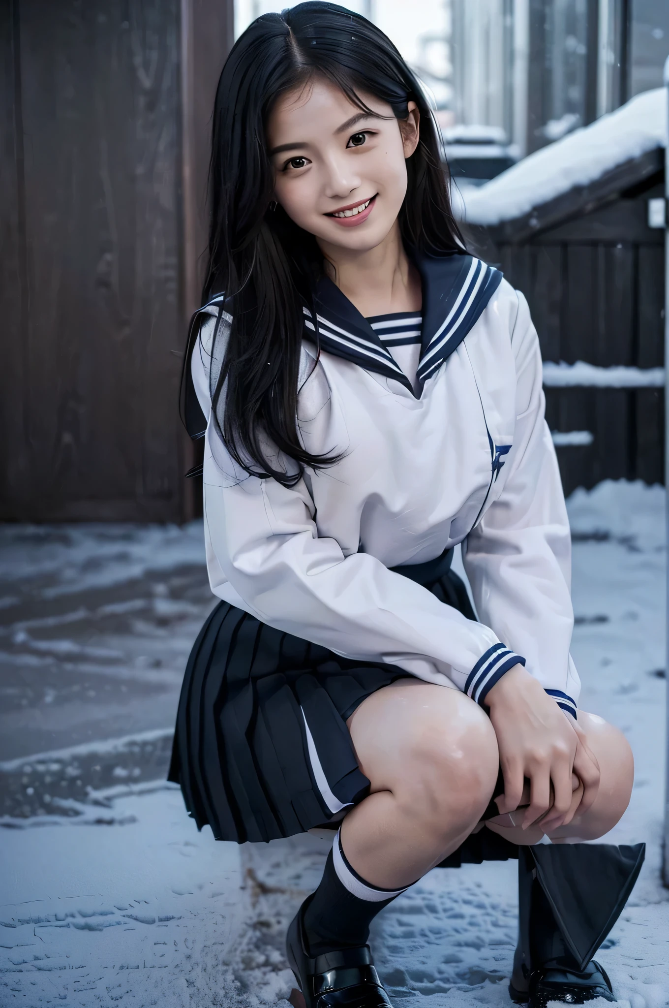 (((Innocence remains、18-year-old､my name is still)))､(hyper realism, 10, very detailed, highest quality, Super detailed, masterpiece, Super realistic, high detail, Raw photo, realistic,）((School､March、snow melting season、admission)）,(((sailor suit, school uniform))), (((black pleated skirt))), (black stockings),(((Angle from the front､looking at the camera､Crouching composition)))、highest quality, (((whole body)))、(((big chest、Ｇcup)))、beautiful japanese girl,long hair、black hair、Smiling with a sexual expression,, smile with a sexual expression, chest