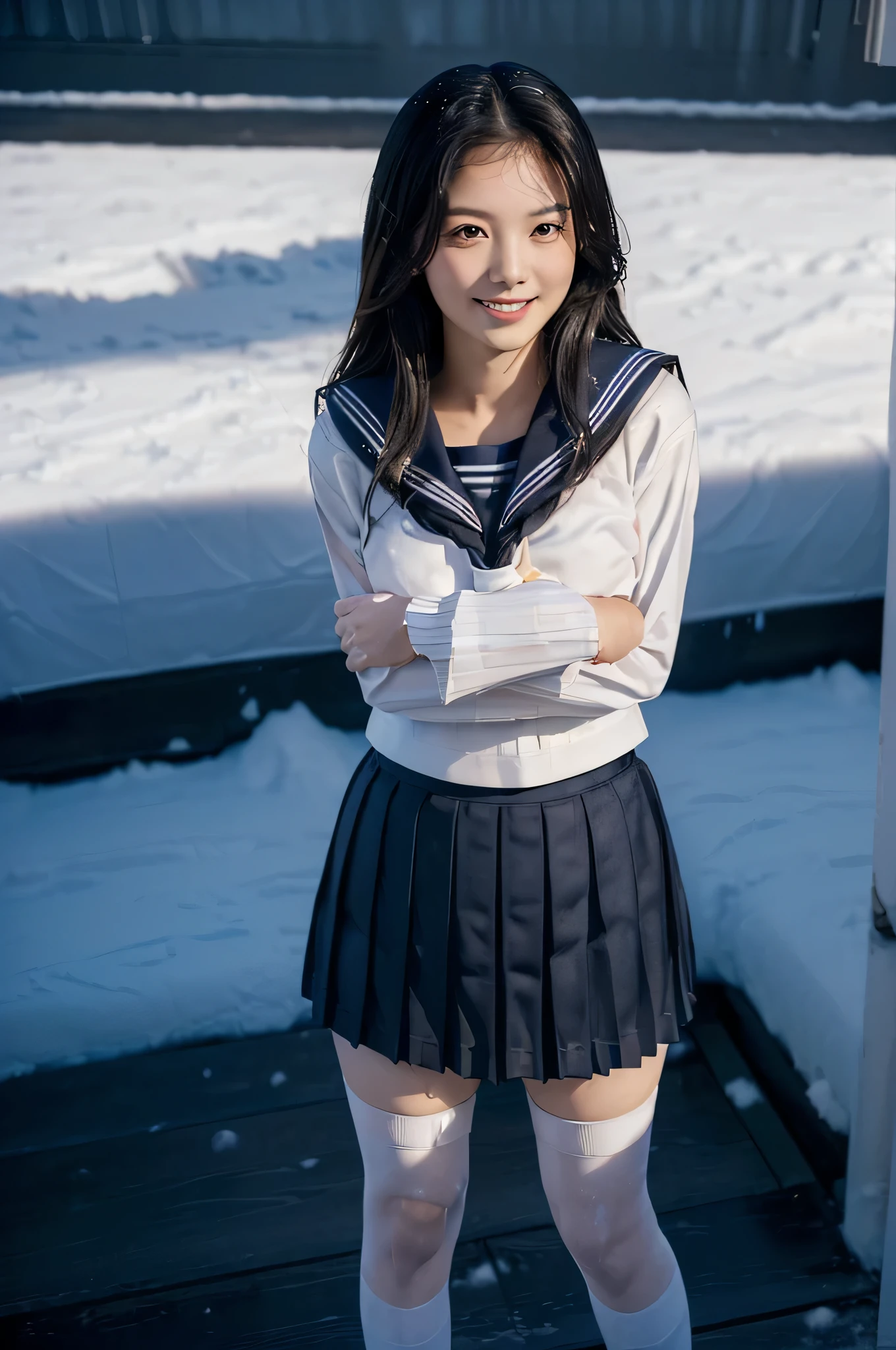 (((Innocence remains、18-year-old)))、(hyper realism, 10, very detailed, highest quality, Super detailed, masterpiece, Super realistic, high detail, Raw photo, realistic,)((School、March、it's snowing、admission)),(((sailor suit, school uniform))), (((black pleated skirt))), (black stockings),(((Angle from the front、looking at the camera、Standing composition)))、highest quality, (((whole body)))、(((big chest、Gcup)))、beautiful japanese girl,long hair、black hair、Smiling with a sexual expression,, smile with a sexual expression, chest