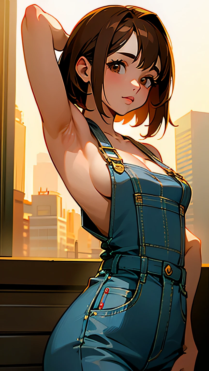 (Best quality, dynamic lighting, highly detailed) Brown haired young woman, mature, beautiful, bob hair, brown eyes, chubby, medium-small breasts, denim overall, bare shoulders, armpit, cleavage, city background, Tokyo.