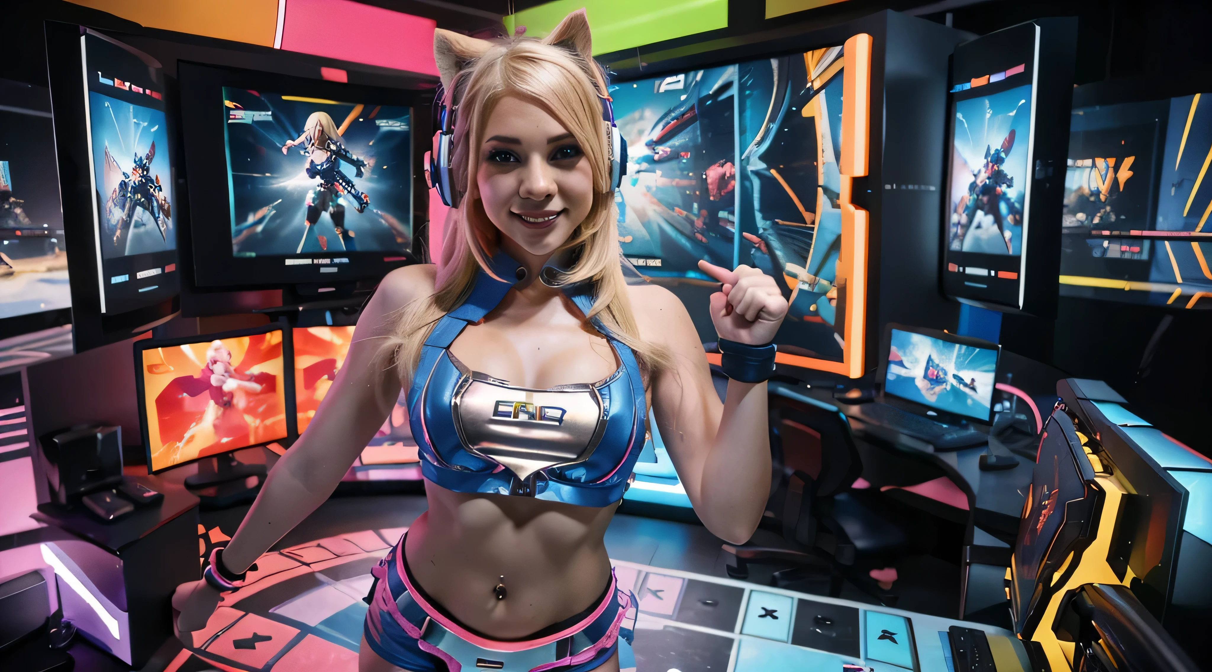 A girl with blond hair, wearing a colorful outfit and cosplay costume, stands in a dynamic pose. She has a playful expression on her face as she enjoys playing video games. The girl is a gamer, immersed in her virtual world, holding a console controller in one hand and a keyboard in the other. She wears headphones, symbolizing her dedication to gaming. The scene is set in a brightly lit studio with soft lighting, enhancing the vivid colors of the girl’s outfit. The composition is creative and cartoonish, with a background scenery featuring artistic interpretation of video game elements. Glowing digital effects surround the girl, adding to the energetic and action-packed atmosphere. Electric blue accents are scattered throughout the image, giving it a mysterious and futuristic feel. Overall, the prompt aims to capture the fun, enthusiasm, and creativity associated with gaming, while showcasing the girl's passion and love for video games in an anime-style artwork.
Gamer girl blond hair sexy outfit slim body