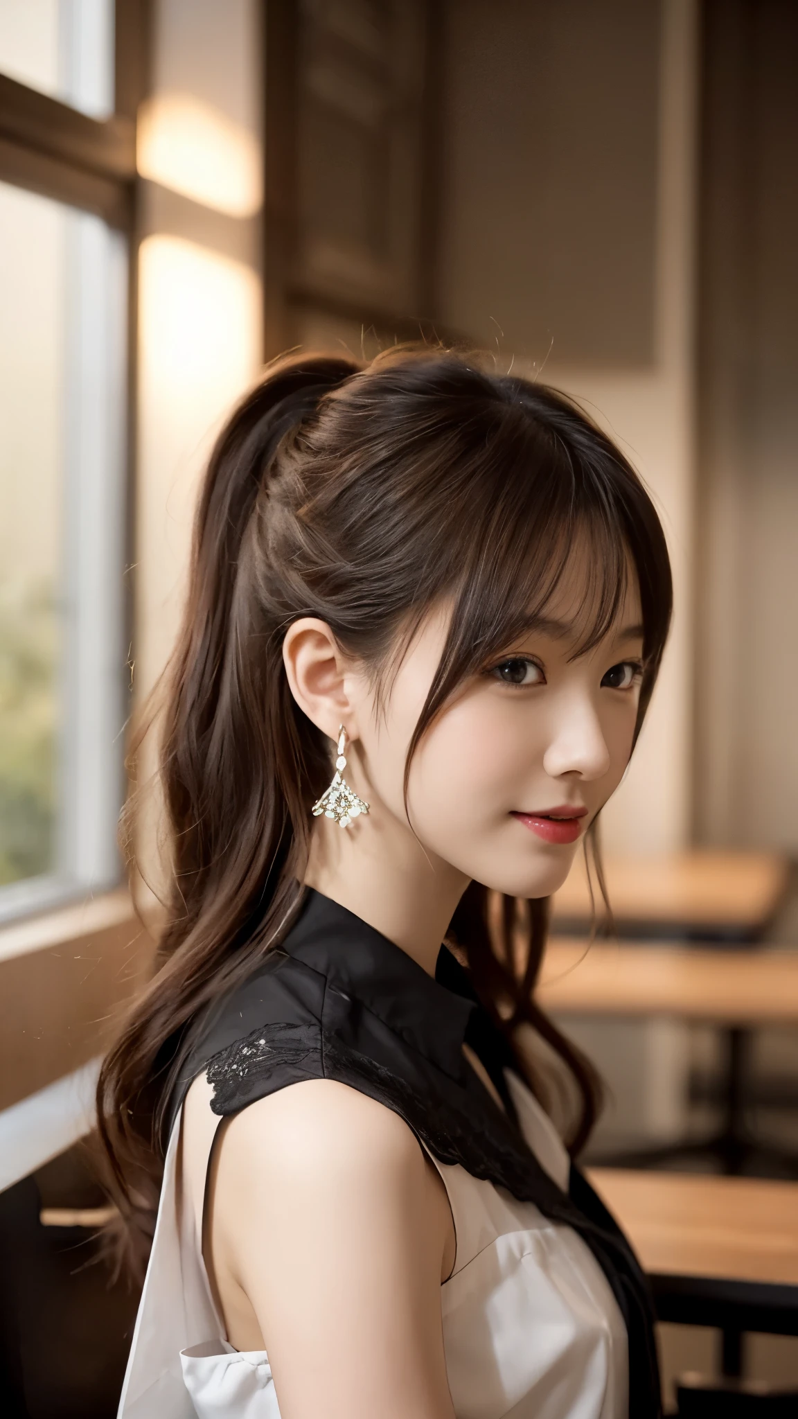 beautiful japanese woman,Photo taken by a professional photographer,Flashy makeup with red eyeshadow,double eyelid,best smile,Delicate brown hair with a short cut and side waves,Large ring earrings,elegant legs,white shirt,wearing black high heels,long and thin legs, white shirtと超ミニスカート, long legs, standing during class, very beautiful slim legs, とても美しいlong and thin legs, sitting at the desk, business services, beautiful feet, good hips and long legs, beautiful feet, surreal high school girl, cleavage,