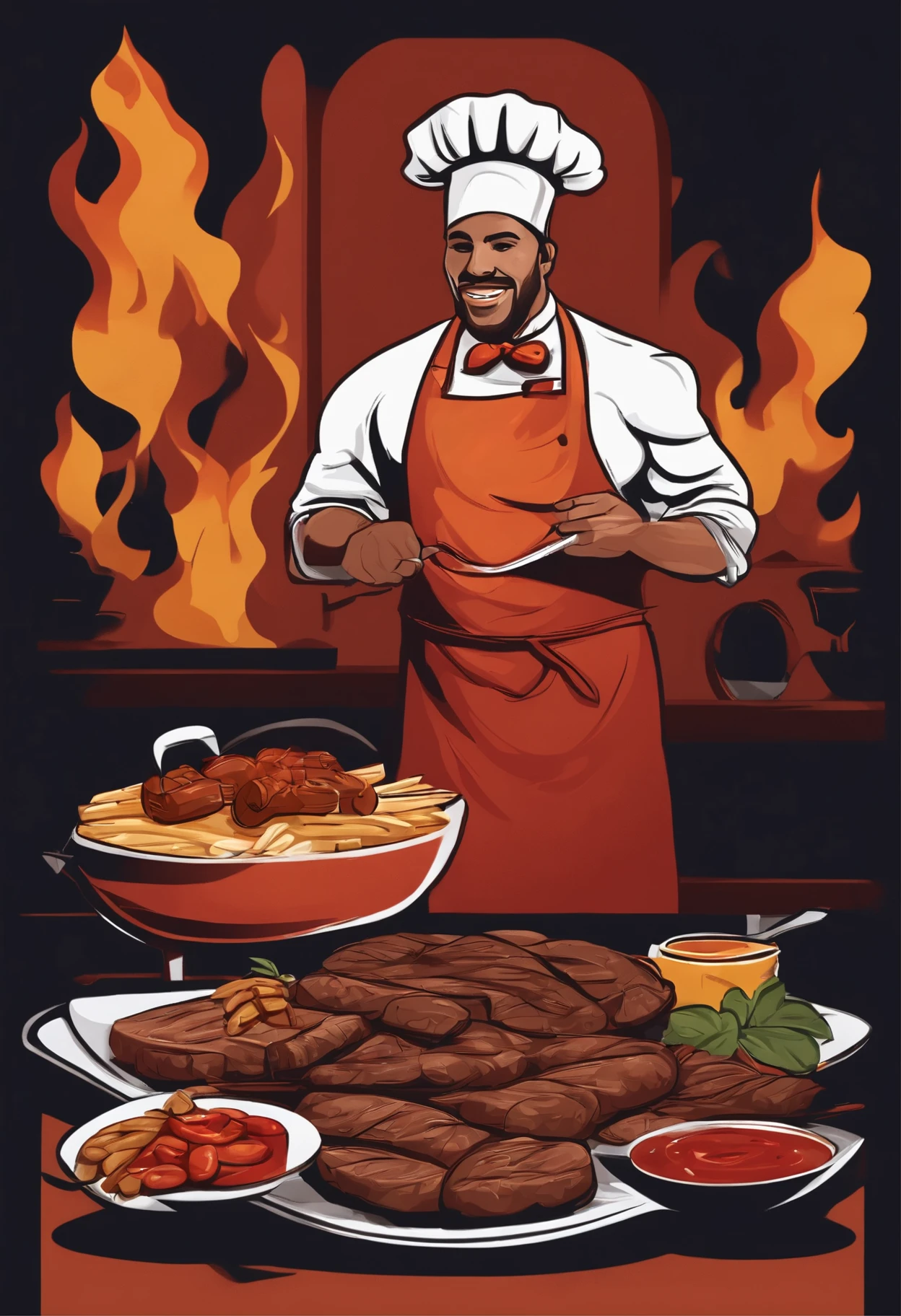 Crie uma logomarca sobre churrasco para a Fan Page, write the words Churrasqueiro Misterioso in Portuguese and highlighted with the colors of fire, include a silhouette of a Barbecue Chef in chef's clothing and with an imposing blanche touch on the head, inclua carnes na churrasqueira e um leve sombreamento no rosto do Churrasqueiro.