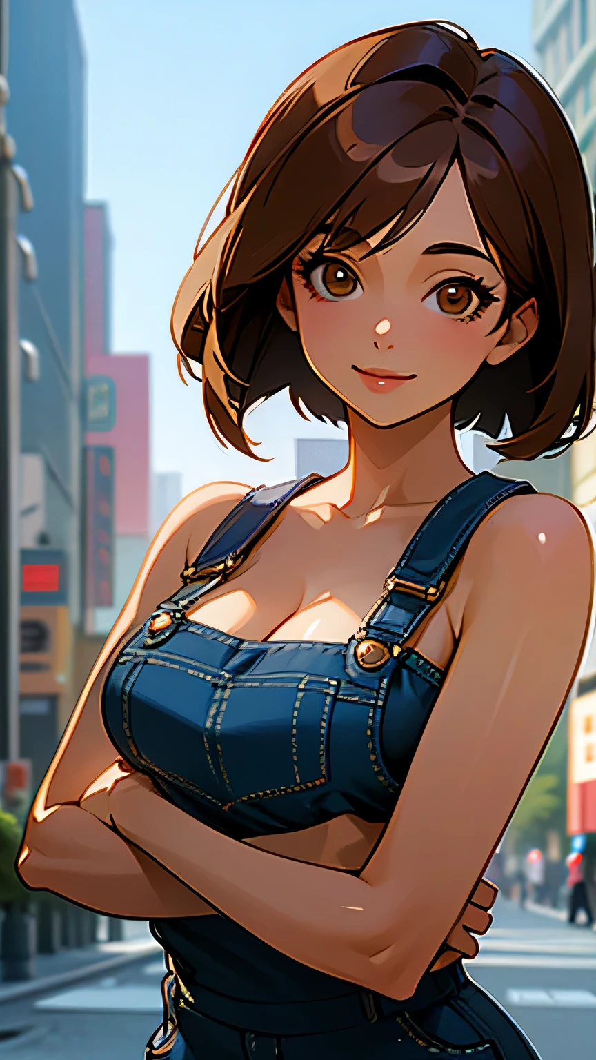 (Best quality, dynamic lighting, highly detailed) Brown haired young woman, mature, beautiful, bob hair, brown eyes, chubby, medium-small breasts, denim overall, bare shoulders, cleavage, smiling, city background, Tokyo.