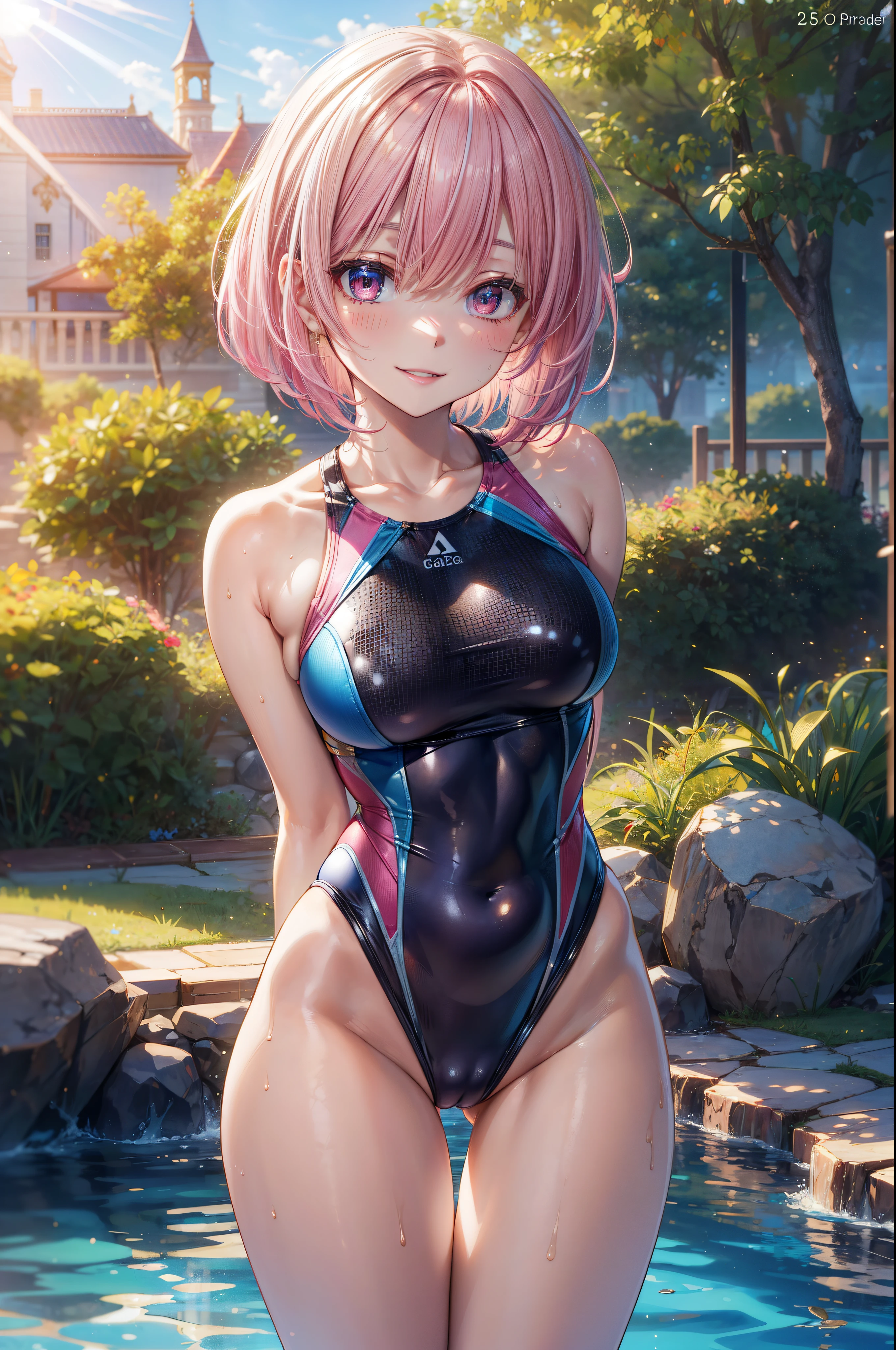 (competition_swimsuit), has a strong luster, (one-piece_swimsuit),, ((4 defined fingers)), ((1 defined thumb)), (looking at viewer), break, sexy, ((solo)), (1 woman), ((25 years old)), ((highest quality)), ((masterpiece)), (familiar), skindentation, perfect face, 8k , (cowboy shot), break, short hair, (((pink hair1.5))), bob cut, black eye, beautiful princess, smile,, medium breasts, perfect limbs, (visible nipples:0.7), (camel toe:0.4), sexy, standing, sunlight, bright, arms behind back