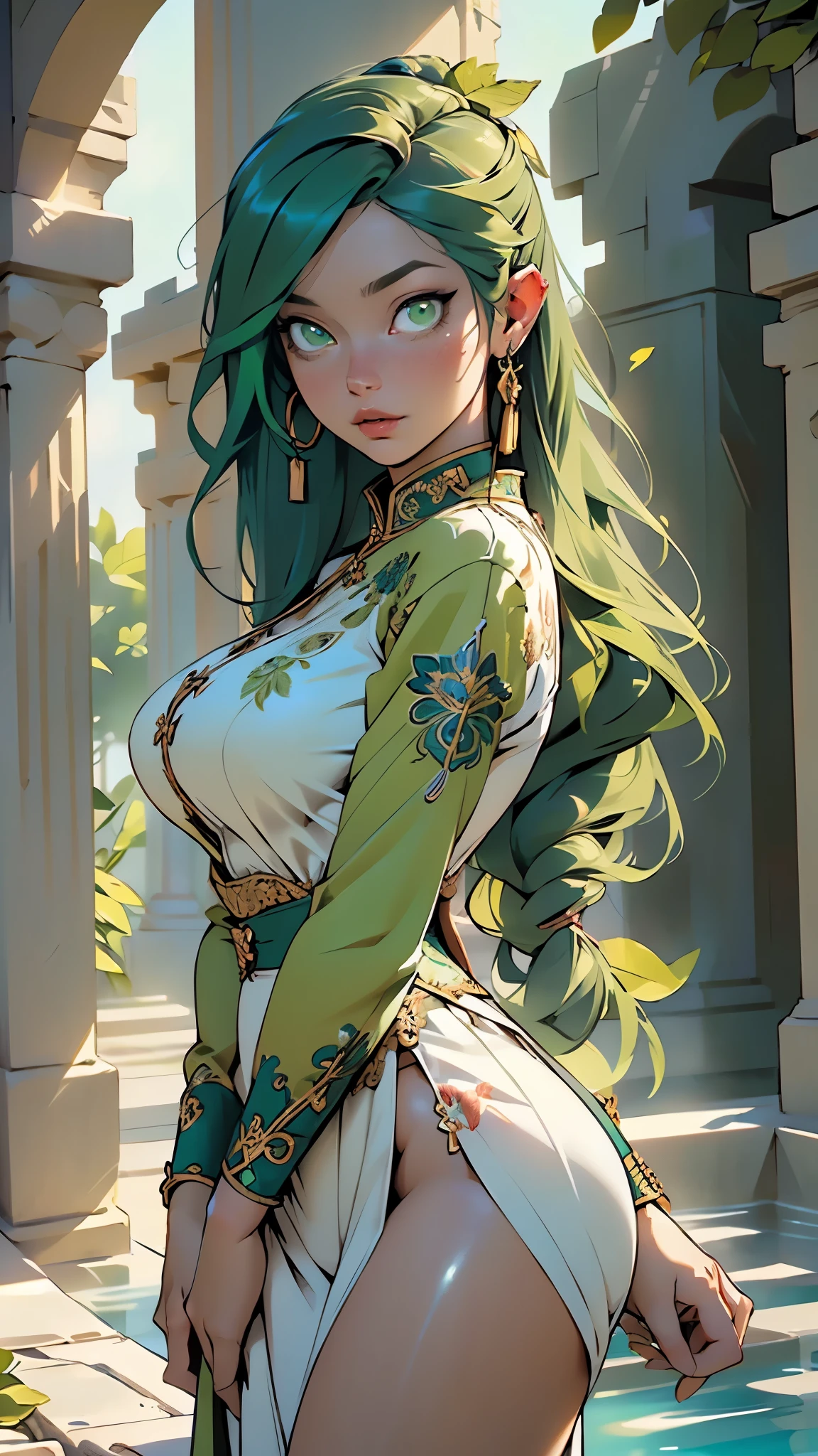 woman,1female,((milf,mom,mature,mature woman,45 years old female,adult)),((Tree Spirit,Nymph,myth)),
(large breasts:1.5),saggy breasts,(((green hair:1.4,straight hair,long hair:1.4,colored inner hair))),(((green_eyes:1.3))),intricate eyes,beautiful detailed eyes,symmetrical eyes,((((lustrous skin:1.5,bright skin: 1.5,skin tanned,shiny skin,very shiny skin,shiny body,illuminated skin)))),(spider lower abdomen,narrow waist,wide hip,bimbo body,inflated legs,thick thighs),(((detailed face))),
(cute,slutty,sensual,seductive look,seductive,((erotic)),opulent,sumptuous,(nsfw)),
revealing clothing,show skin,(((angelic outfit))),(((leaf clothes,leaf jewelry))),leaf in the outfit,leaf in the body,(((intricate outfit,intricate clothes,embroidered outfit,ornate outfit,embroidered clothes,ornate clothes))),
(dynamic pose:1.0),embarrassed,(centered,scale to fit dimensions,Rule of thirds),
((beautiful bath house made of greek marble and pillars, beautiful clear water in pool)),scenery:1.25,((intricate scenery)),((greek temple background)),
(Glossy greek ornaments),highres,sharp focus,(ultra detailed,extremely detailed),(photorealistic artwork:1.37),(extremely detailed CG unity 8k wallpaper),(((vibrant colors,vibrant theme))),(intricate),(masterpiece),(best quality),artistic photography,(photography taken by sldr),(intricate background),perfect rendered face,perfect face details,realistic face,photo realistic,((intricate detail)),(((realism))),