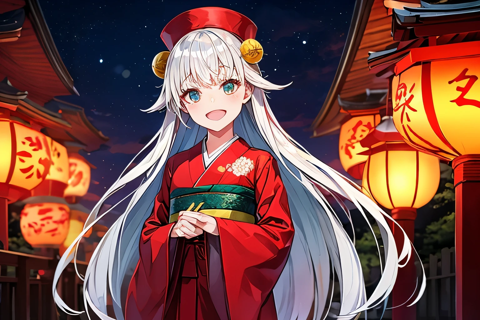 white hair girl、long white hair、hair ornaments、very long sleeves、A long-sleeved kimono with a colorful and gorgeous design、red obi、front、Horizontal position、Precincts of a shrine in the forest、It's night but the bright red sky、Many red lanterns with serious expressions