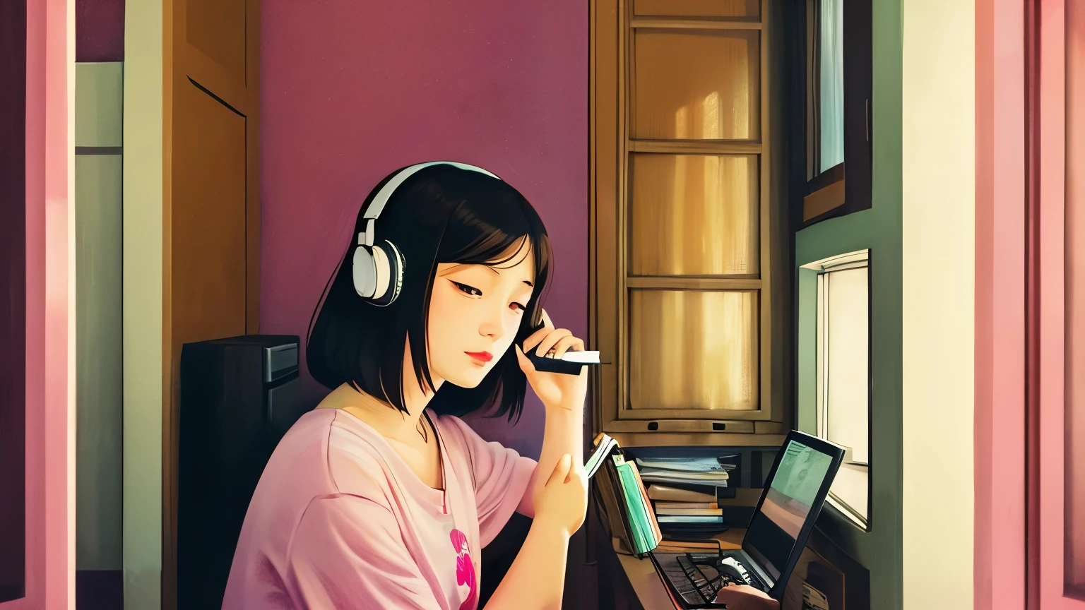 Small face, pretty girl listening to music in a corner of a pink room, painting, detailed work, delicate, sense of depth, anime style, large room, cluttered, immersed, colorful, urban, city center, cutting edge, cat