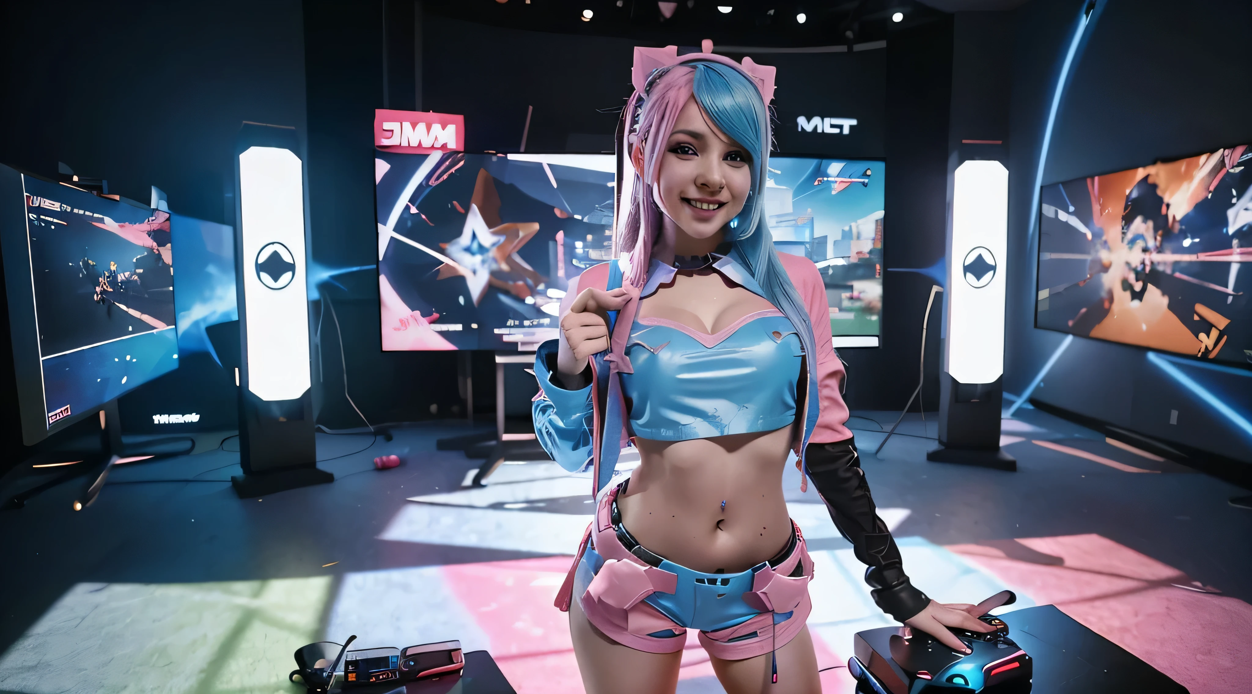 A girl with pink blue hair, wearing a colorful outfit and cosplay costume, stands in a dynamic pose. She has a playful expression on her face as she enjoys playing video games. The girl is a gamer, immersed in her virtual world, holding a console controller in one hand and a keyboard in the other. She wears headphones, symbolizing her dedication to gaming. The scene is set in a brightly lit studio with soft lighting, enhancing the vivid colors of the girl’s outfit. The composition is creative and cartoonish, with a background scenery featuring artistic interpretation of video game elements. Glowing digital effects surround the girl, adding to the energetic and action-packed atmosphere. Electric blue accents are scattered throughout the image, giving it a mysterious and futuristic feel. Overall, the prompt aims to capture the fun, enthusiasm, and creativity associated with gaming, while showcasing the girl's passion and love for video games in an anime-style artwork.
Gamer girl pink blue hair sexy outfit slim body