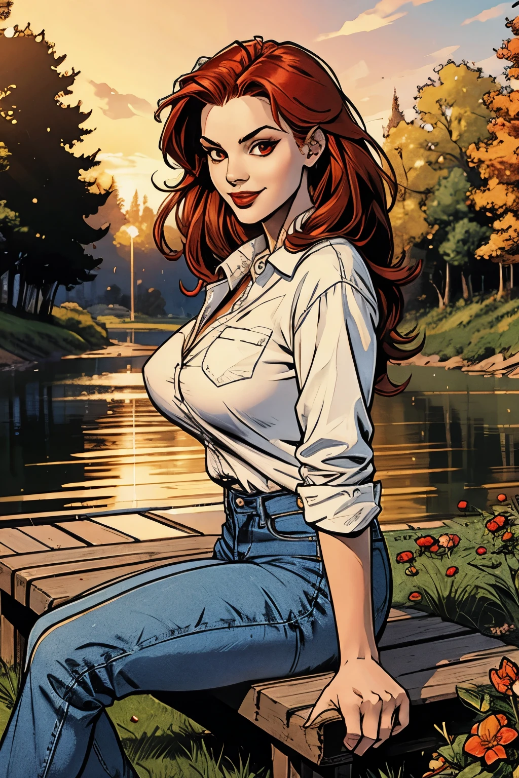 digital art, (vampire girl, red hair, big red eyes, thin lips, round face, huge breasts, flowers, baggy jeans, white shirt, discreet smile, cute look), (sitting on a bench, river in the background, Golden hour ), by Daniil Suponitsky jpegman