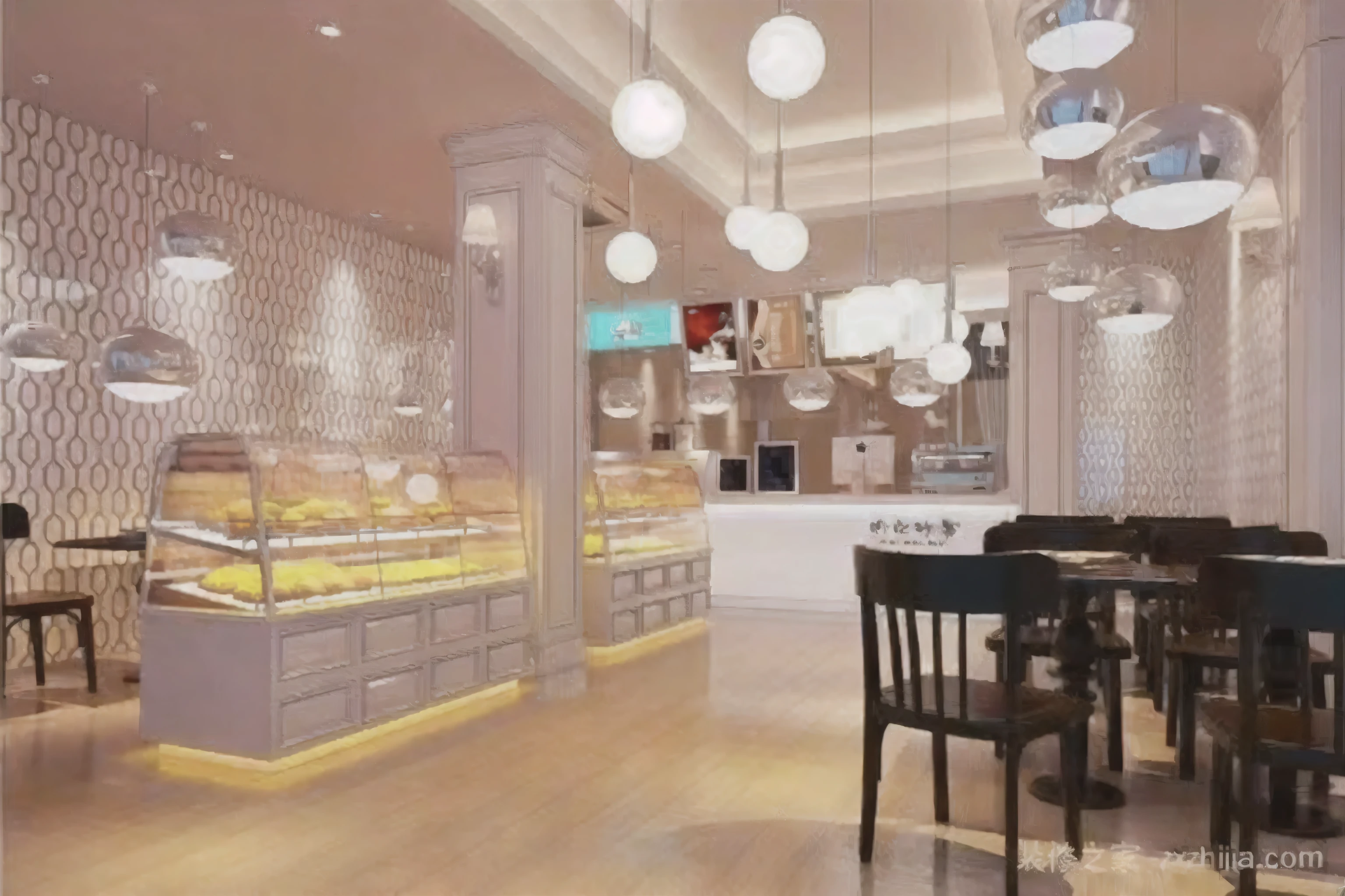 Close-up of a restaurant with many tables and chairs, fantasy bakery interior setting, cute bakery shop, fantasy bakery, bakery, Cafe interior, artistic rendering, CG rendering, by Ni Yuanlu, charming, luxury, amusement park interior design, ❤🔥🍄🌪, pastry, delicious, luxury environment, celebrity, artistic interpretation, High detail store
