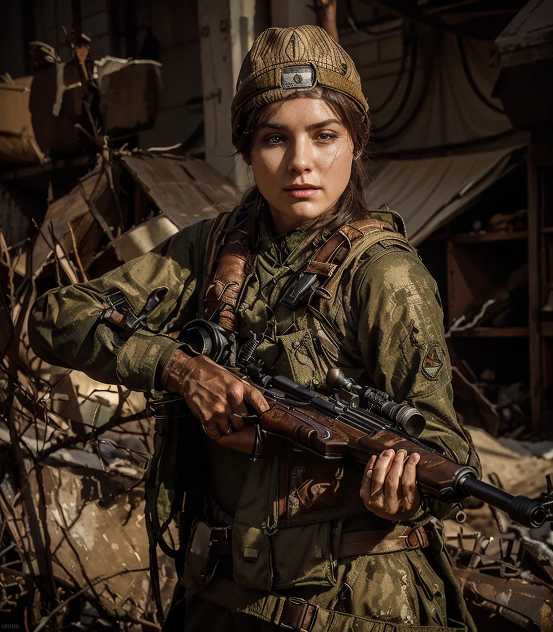 DEN_saju_a,
a (soldier:1.1) in the jungle on manoeuvrers wearing (army fatigues:1.2) and holding a rifle, (camouflage:1.2), military, uniform, military, camouflage uniform,
bokeh, f1.4, 40mm, photorealistic, raw, 8k, textured skin, skin pores, intricate details <lora:epi_noiseoffset2:1>, epiCRealism, <lora:ClothingAdjuster3:-0.8>