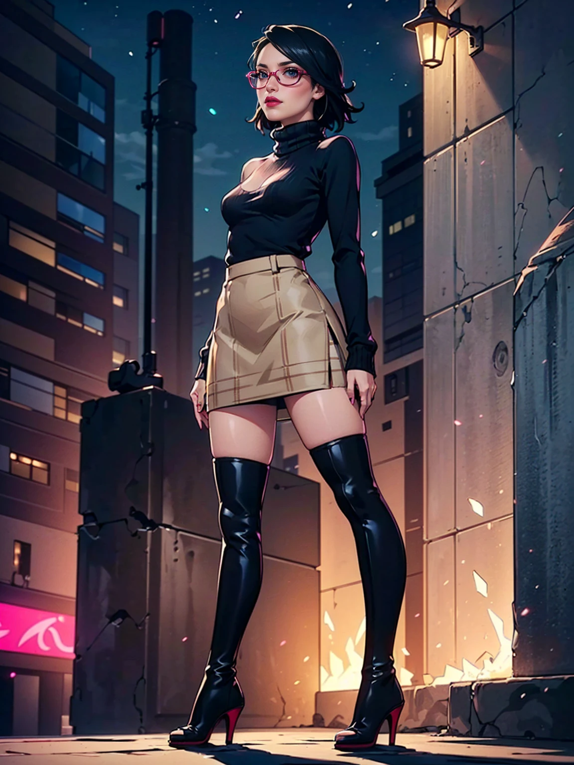 (1girl, solo, alone), (WakatsukiRisa, Sarada Uchiha, black hair, short hair, black eyes, red glasses), ((solo, (1woman, pink lipstick, (small breasts)), Extremely detailed, ambient soft lighting, 4k, perfect eyes, a perfect face, perfect lighting, a 1girl)), austere, ((parading on the sidewalk, (black sweater, women's knit sweater, long-sleeved sweater, black knit sweater), plaid skirt, (beige plaid skirt, short plaid skirt), high-heeled boots, (stiletto heel, thin heel), high-heeled boots, thigh-high boots, thigh and beige skirt, high boots, sexy look, wearing beige skirt, sexy clothes, in the city, monument, modern sculpture, Bella Poarca, Bela Vista, with neon lights, (pantyhose), boots above knee, night, lighting))