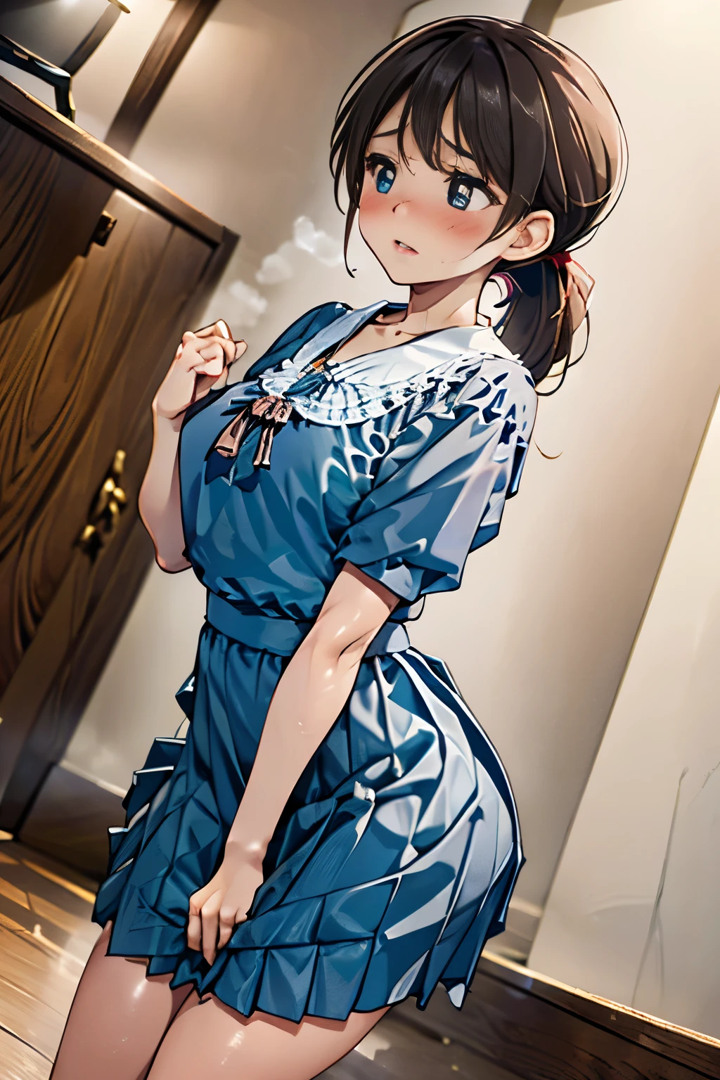 (ultra-detailed, best quality, detailed face, anatomically perfect body), (parted lips:1.6), shiny skin, (1 girl), dwarf, medium, (have to pee, very desperate to pee, have to pee:1.2), street, standing, (smock blouse:1.3), (long skirt:1.5), (heels, low ponytail:1.3), (have to pee:1.4), (knees together and feet apart:1.1), (Rub each other's thighs:1.3), (hand between legs), (leaning forward), (rubbing crotch:1.5), (girl can't stand up straight), (constricted pupils:1.2), (sad:1.4), (blush:1.6), (embarrassment:1.7), flowing sweat, (breathless:1.5), (looking away:1.6), (full body:1.2), (top of stairs:1.2), (from below:1.1), (from side)