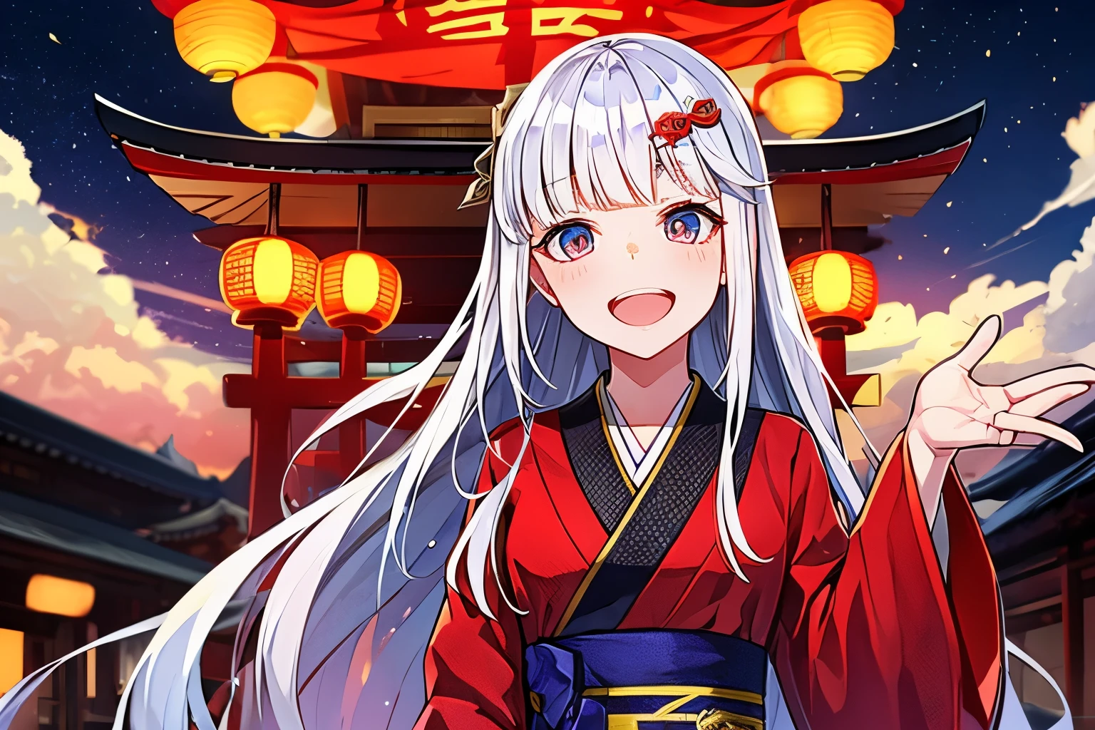 white hair girl、long white hair、hair ornaments、very long sleeves、A long-sleeved kimono with a colorful and gorgeous design、red obi、front、Horizontal position、Precincts of a shrine in the forest、It's night but the bright red sky、Many red lanterns with serious expressions