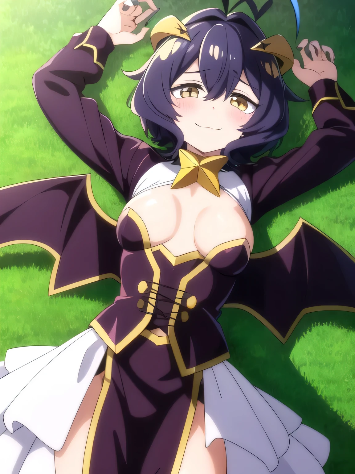 Utena Hiiragi, 1girl, solo, horns, purple hair, blush, short hair, looking at viewer, smile, star (symbol), yellow eyes, ahoge, hair between eyes, antenna hair, bangs, symbol-shaped pupils, star-shaped pupils, solo, lying, , closed mouth, solo, spread arms, arms up, smile, lying, on back, on grass, looking at viewer, solo, in the center, (cowboy shot: 1.3), high quality,