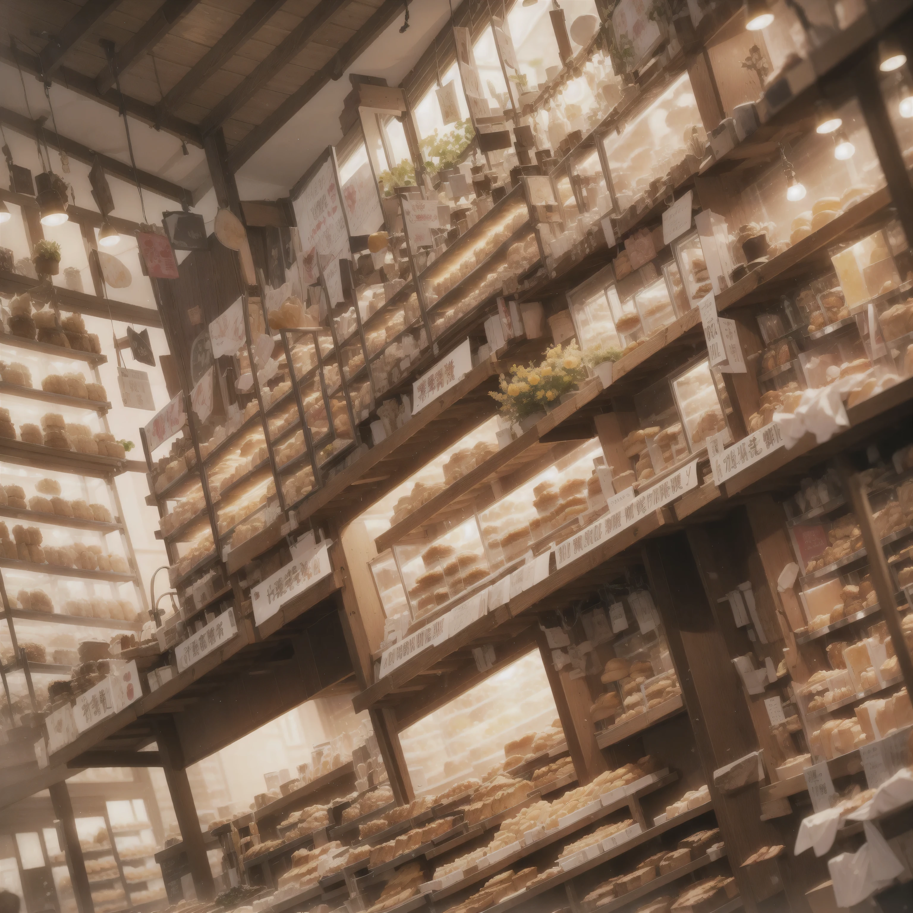 Close-up of a restaurant with many tables and chairs, fantasy bakery interior setting, cute bakery shop, fantasy bakery, bakery, Cafe interior, artistic rendering, CG rendering, by Ni Yuanlu, charming, luxury, amusement park interior design, ❤🔥🍄🌪, pastry, delicious, luxury environment, celebrity, artistic interpretation, High detail store