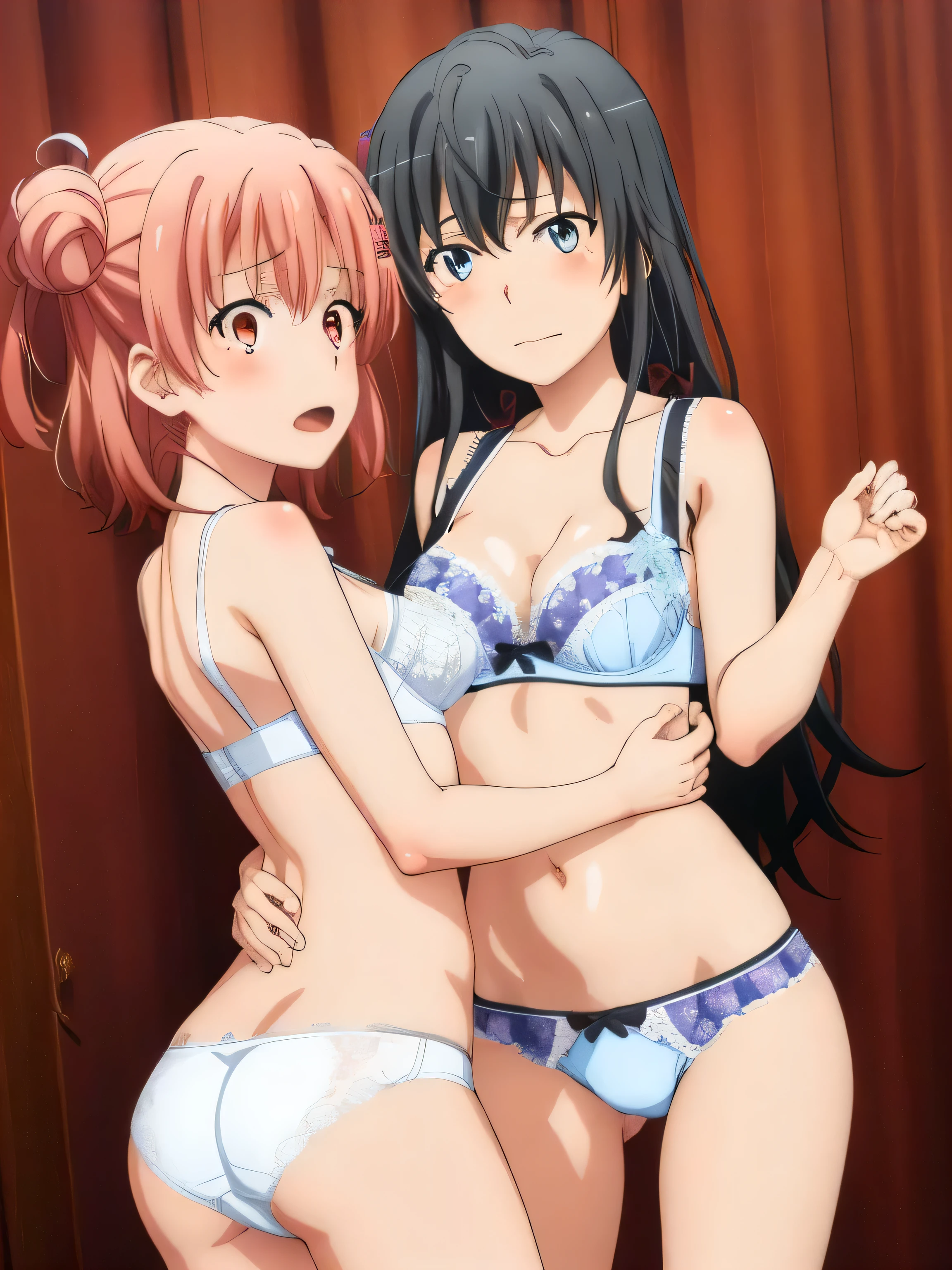 2 girls , Yukinoshita Yukino , yuigahama yui , waltz dance , 2 girls , Yukinoshita Yukino , Yuigahama Yui has a wonderful bust and hips........, waltz dance , In underwear,pink good,belly button,side-string panties,white bra、belly button,white panties,(pussy line:1.0),urethra,NSFW,thighs,butt,look at the camera,shy,troubled face,blush,high angle,beautiful eyes ,