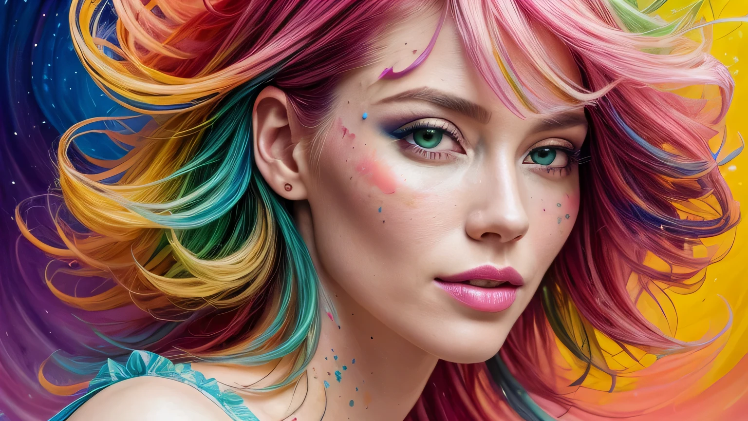 Beautiful and colorful woman: 35 years old woman, messy hair, oil painting, beautiful and perfect face with soft skin, perfect face, pinkish green cores, light and violet magnetic additions, light red additions, Cosplay, wearing apron or transparent nightgown, holding cutlery, intricate details home screen masterpiece in 8k resolution beautiful face digital painting photorealistic artstation smooth fluid black paint: photorealistic masterpiece in 8k resolution: intricately detailed gouache painting fluid: by John Baptist Mongue: calligraphy: acrylic: watercolor art , professional photography, natural lighting, volumetric lighting maximalist photo illustration: by Marton Bobzert: complex, elegant, expansive, Fantastic