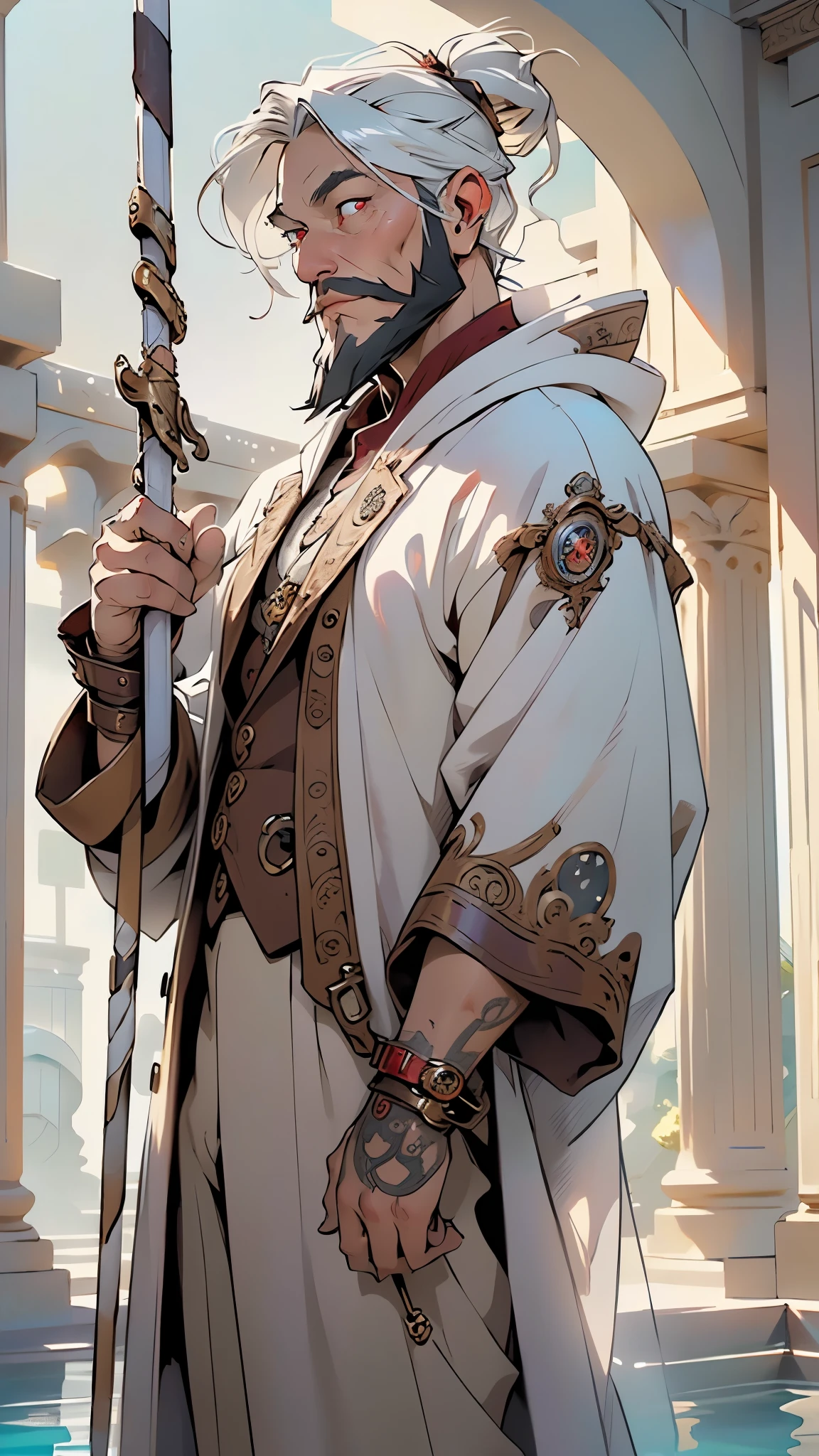 ((an extremely old man with beard)),(detailed eyes), 1male, long white and silver robe with hood, long gray hair,silver long beard, Homely old man, hair tied in a ponytail, ((red_eyes:1.3))),intricate eyes,detailed eyes,symmetrical eyes,old face,
white cloak,coat,steampunk,(1old man),((steampunk old man)),(white hair,white beard),(((intricate outfit,intricate clothes,ornate outfit))),wise,((leaning on a magic staff,steampunk staff)),
(dynamic pose:1.0),(centered,scale to fit dimensions,Rule of thirds),
((beautiful bath house made of greek marble and pillars, beautiful clear water in pool)),scenery:1.25,((intricate scenery)),((greek temple background)),
(Glossy greek ornaments),highres,sharp focus,(ultra detailed,extremely detailed),(photorealistic artwork:1.37),(extremely detailed CG unity 8k wallpaper),(((vibrant colors,vibrant theme))),(intricate),(masterpiece),(best quality),artistic photography,(photography taken by sldr),(intricate background),perfect rendered face,perfect face details,realistic face,photo realistic,((intricate detail)),(((realism)))