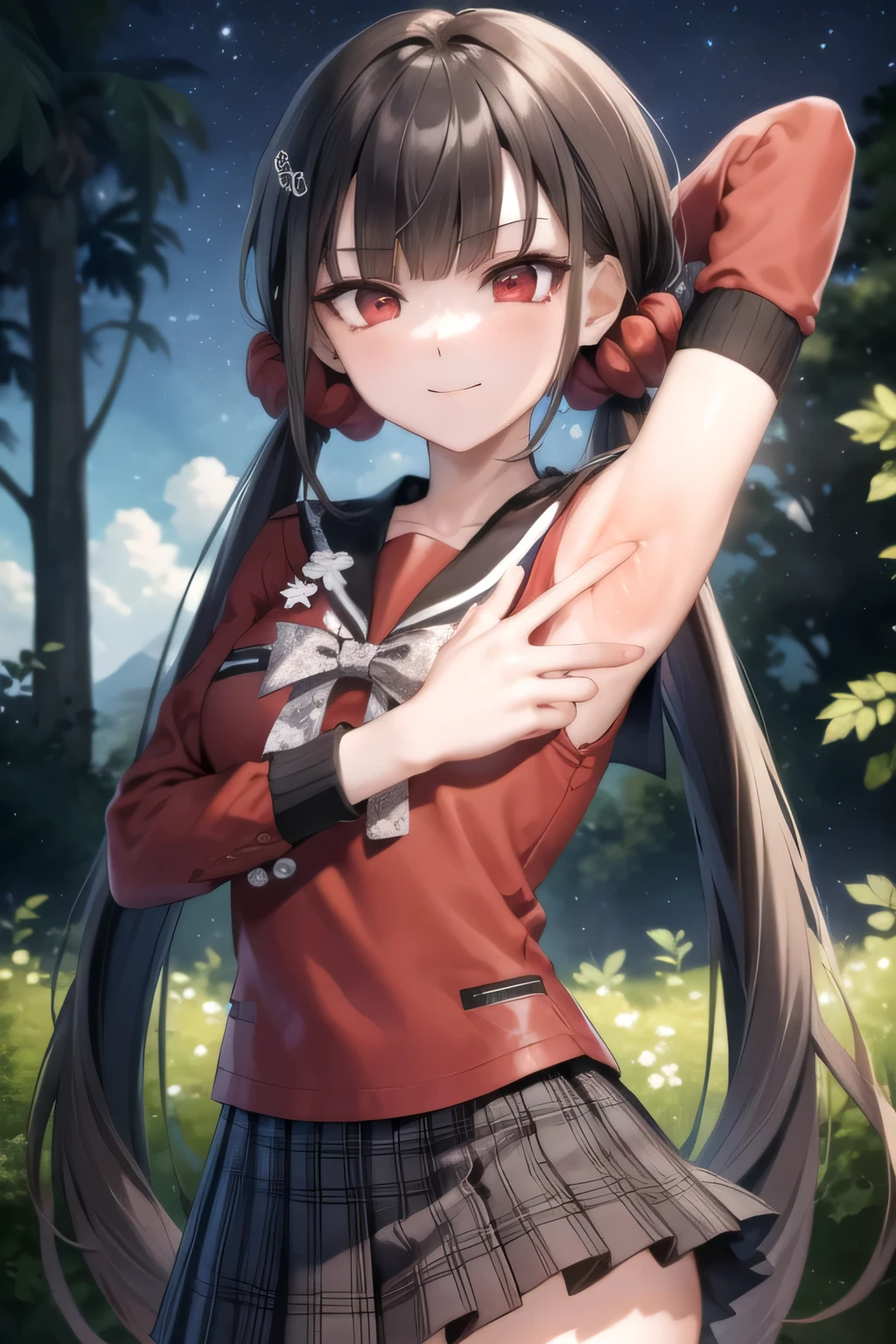 makiharukawa, harukawa maki, long hair, bangs, brown hair, black hair, hair ornament, (red eyes:1.5), twintails, very long hair, hairclip, blunt bangs, mole under eye, low twintails, scrunchie, hair scrunchie, red scrunchie, (small breast:1.2), BREAK skirt, shirt, thighhighs, long sleeves, bow, , pleated skirt, serafuku, miniskirt, black skirt, sailor collar, mole, bracelet, zettai ryouiki, plaid, plaid skirt, red shirt, black sailor collar, red thighhighs, BREAK looking at viewer, BREAK outside, beach, BREAK (masterpiece:1.2), best quality, (beautiful detailed eyes:1.6), extremely detailed face, perfect lighting, extremely detailed CG, (perfect hands, perfect anatomy), anime, screencap, high quality, closed mouth, solo, upper body, night sky, forest, arms behind head, contrapposto, spread armpits, smile, high quality,