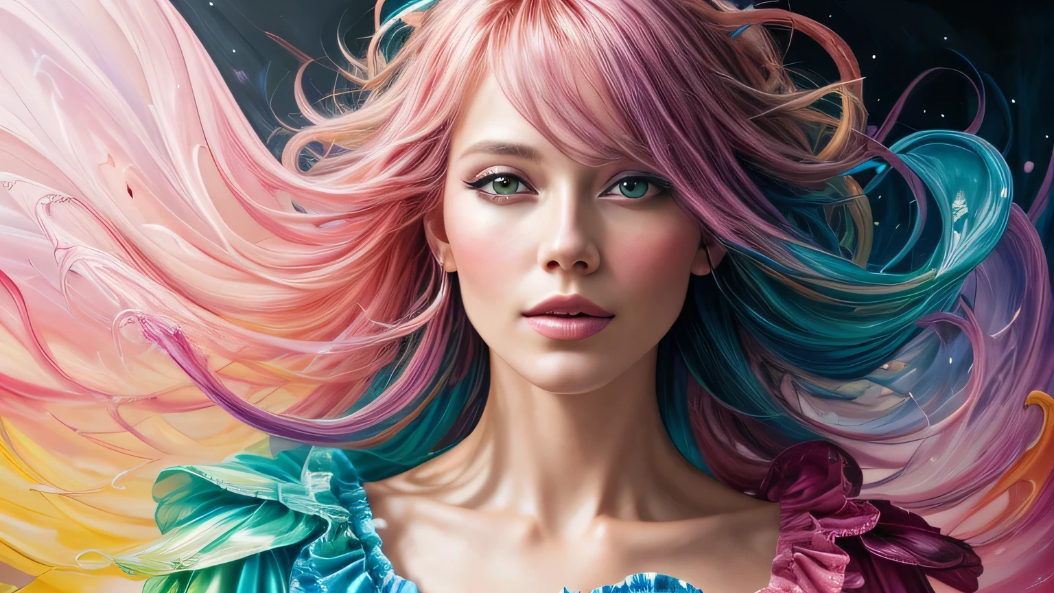Beautiful and colorful woman: 35 years old woman, messy hair, oil painting, beautiful and perfect face with soft skin, perfect face, pinkish green cores, light and violet magnetic additions, light red additions, Cosplay, wearing apron or transparent nightgown, holding cutlery, intricate details home screen masterpiece in 8k resolution beautiful face digital painting photorealistic artstation smooth fluid black paint: photorealistic masterpiece in 8k resolution: intricately detailed gouache painting fluid: by John Baptist Mongue: calligraphy: acrylic: watercolor art , professional photography, natural lighting, volumetric lighting maximalist photo illustration: by Marton Bobzert: complex, elegant, expansive, Fantastic