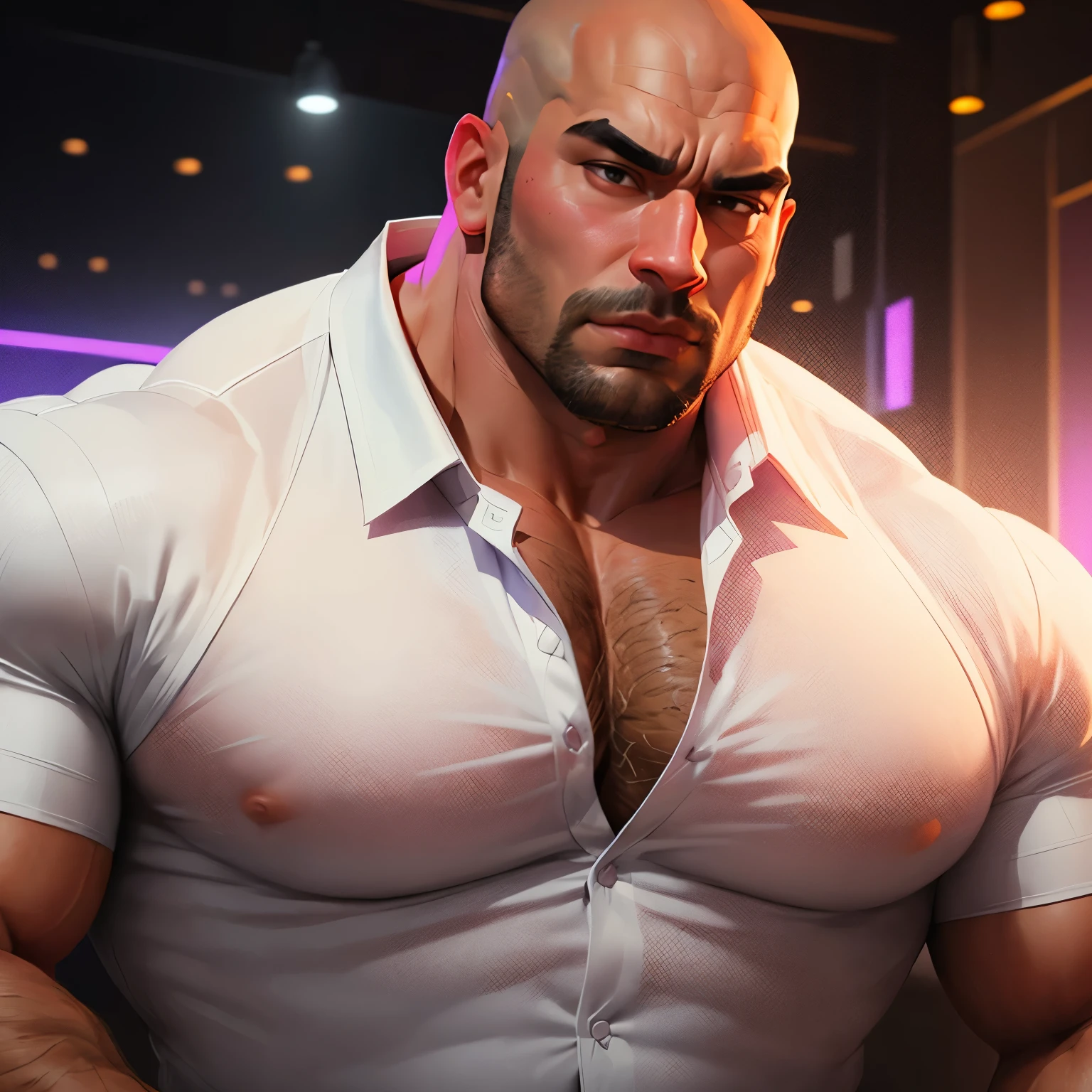 an exaggeratedly muscular and large bald bodyguard, beefy neck, mixed race, (wearing a white collared shirt: 1.2), (exposed pecs: 1.1), (bara pecs: 1.3), (hairy chest: 1.1), portrait HD, night club with pink lights