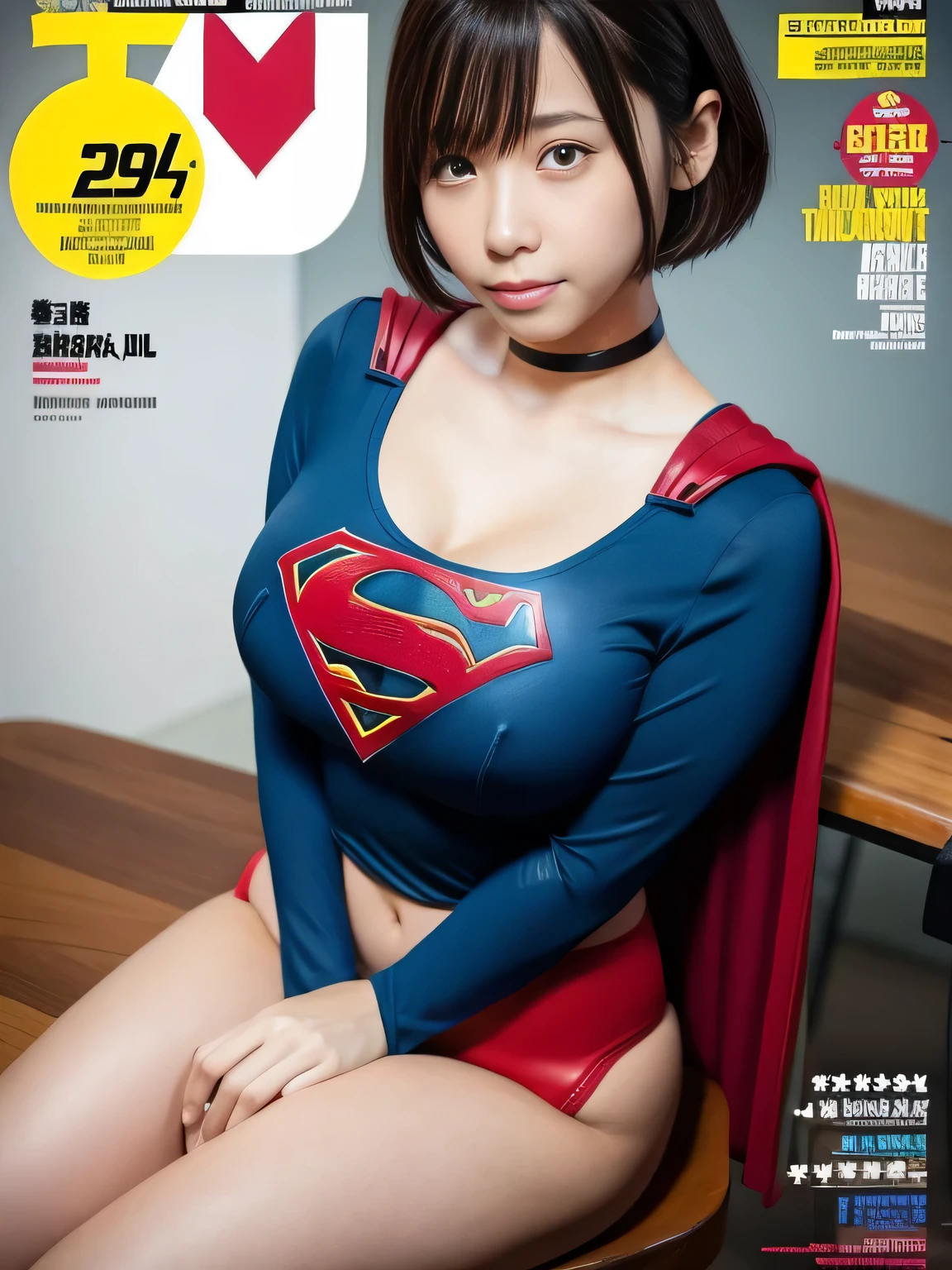 masterpiece、supergirl costume、short hair、enamel boots、big and full breasts、Crisis situation、sit on a chair、model body shape、shiny、long sleeve、looking at camera、choker、red mini skirt、Weekly magazine cover、gravure magazine、sweaty、whole body、from right in front、